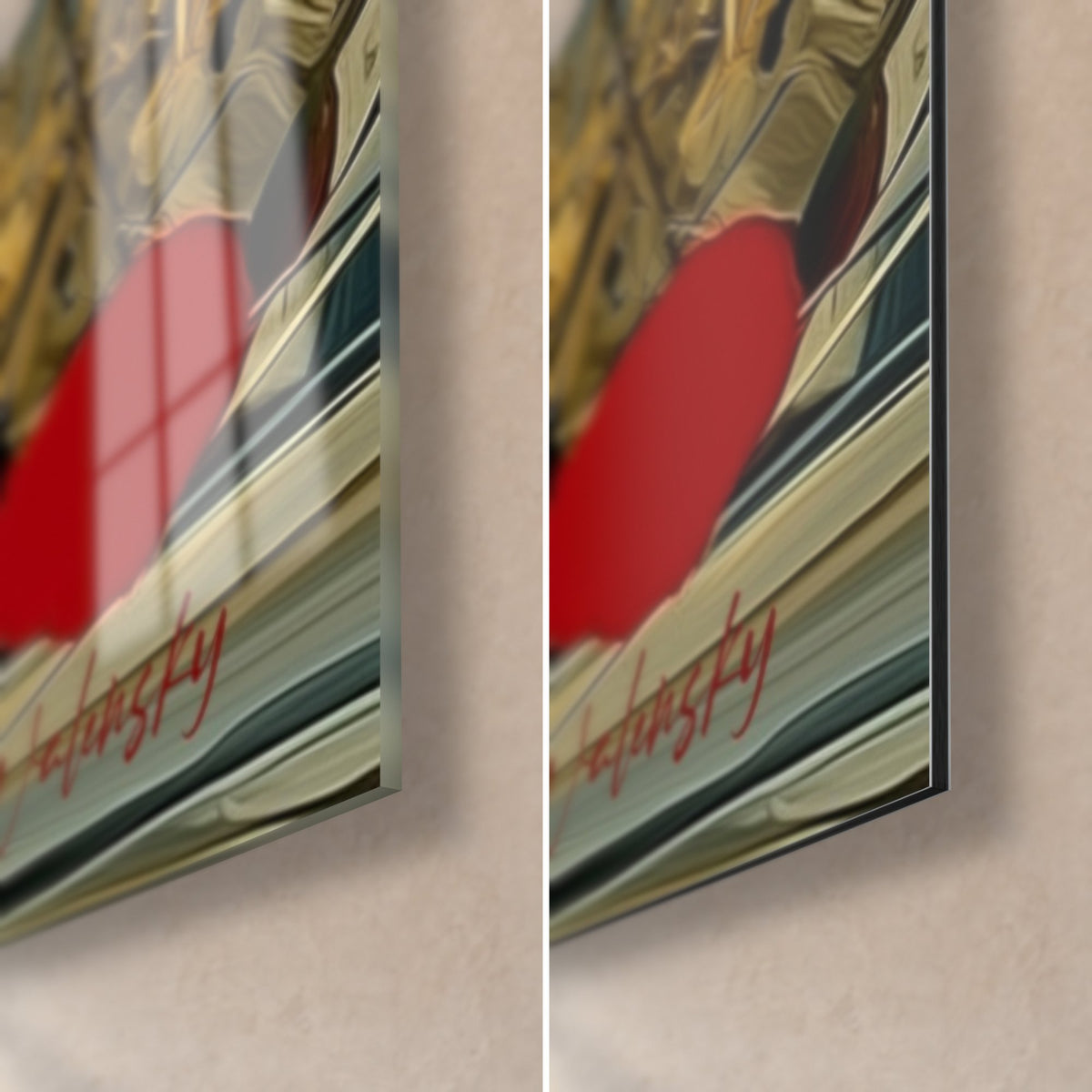 Tableau militaire au casque kaki, coin bas droit : tache rouge et signature Walensky, verre brillant à gauche, Dibond mat à droite