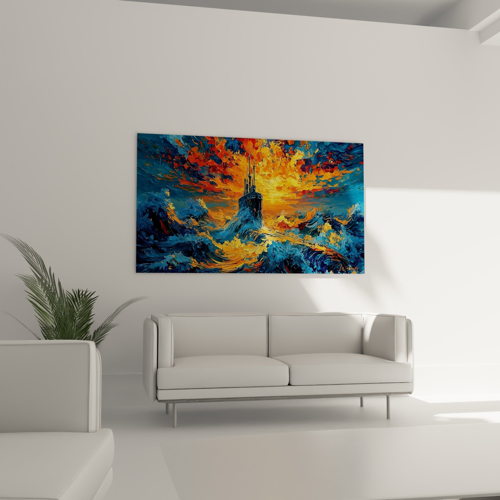 Vaisseau militaire sombre entouré de vagues bleu marine et de flammes orangées, au-dessus d'un canapé dans un salon lumineux