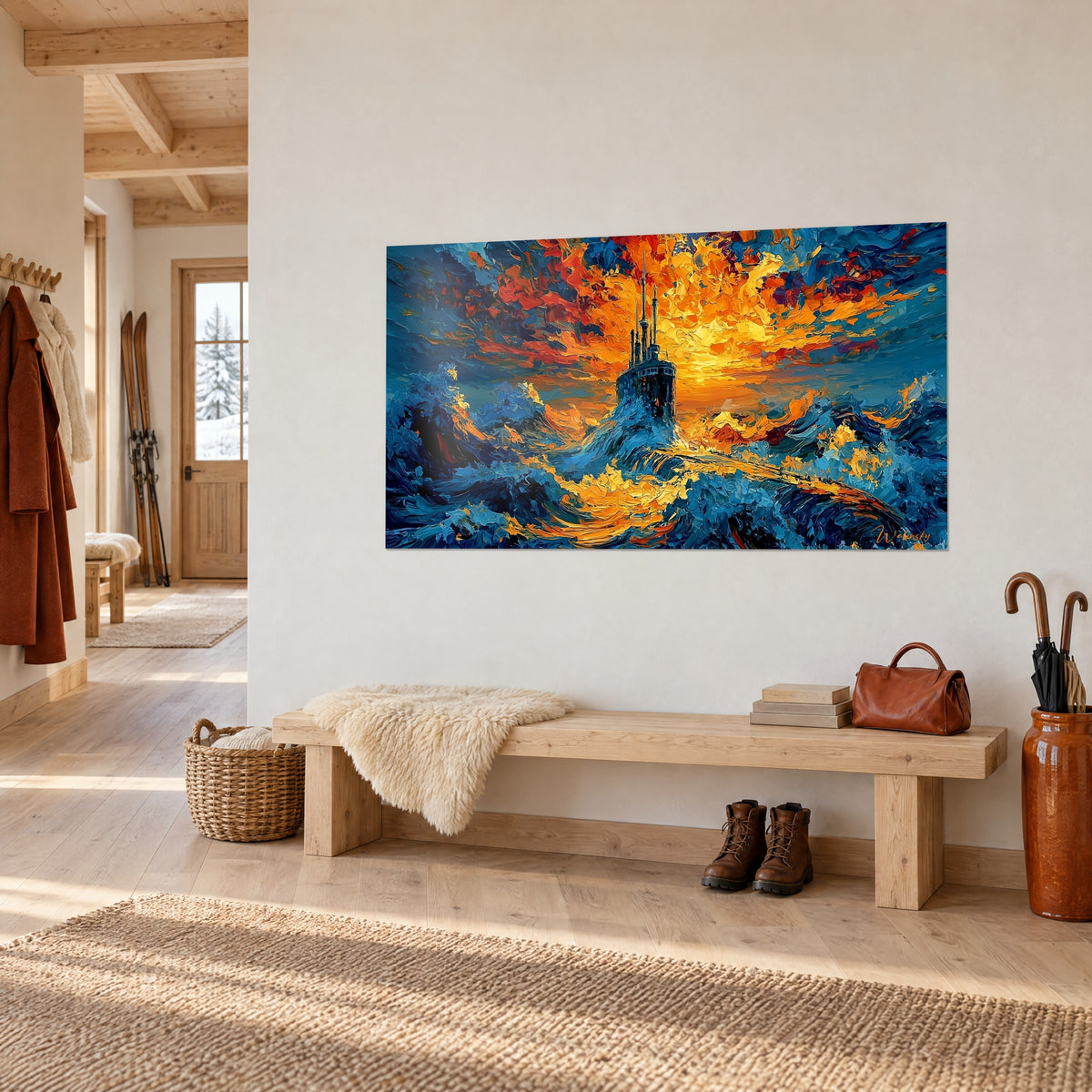 Schilderij van een zwarte onderzeeër met zijn toren hoog boven indigokleurige golven, gloeiend gele lucht, aan een lichte chalet-entreemuur