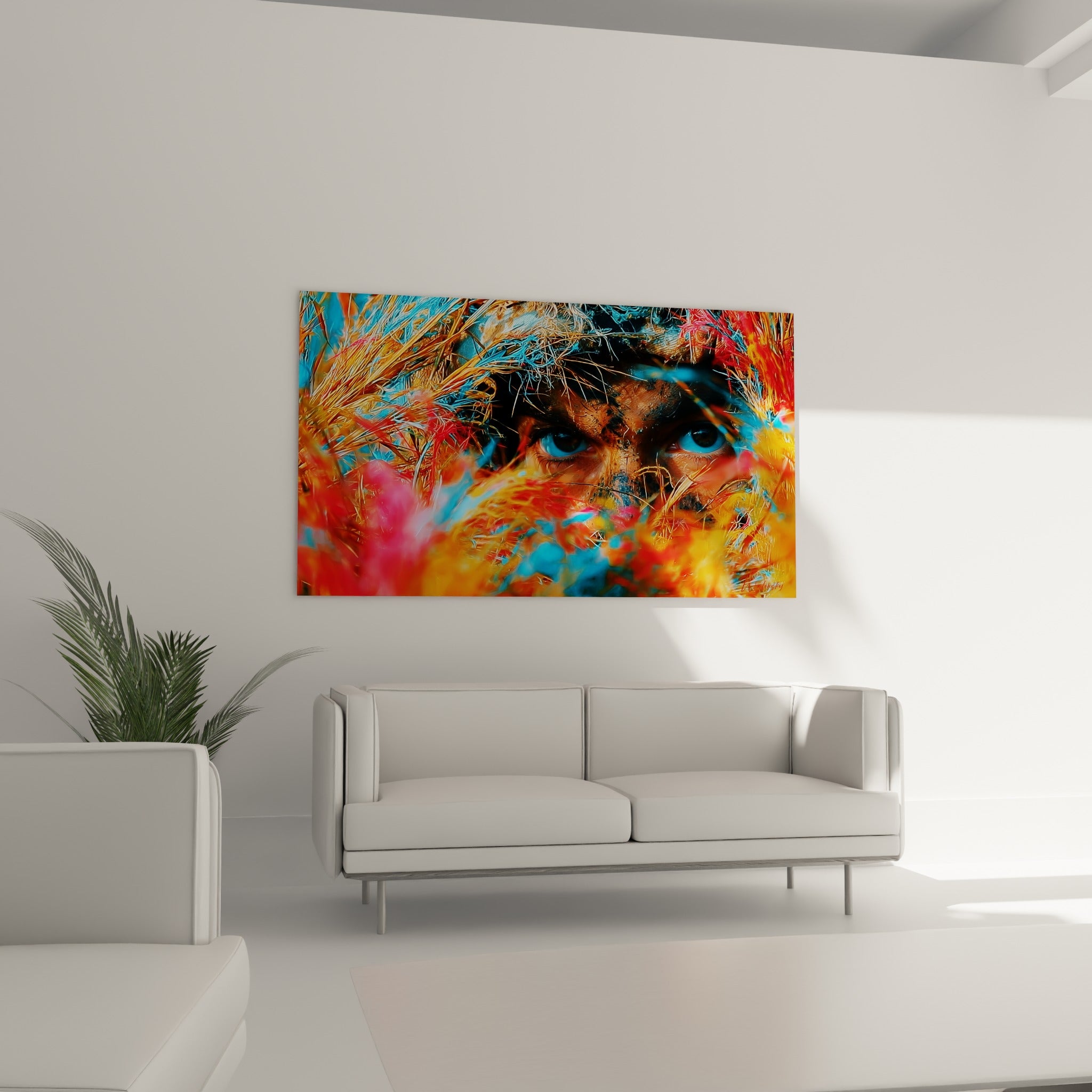 Visage militaire dissimulé sous camouflage fauve et turquoise au-dessus d'un canapé dans un salon lumineux