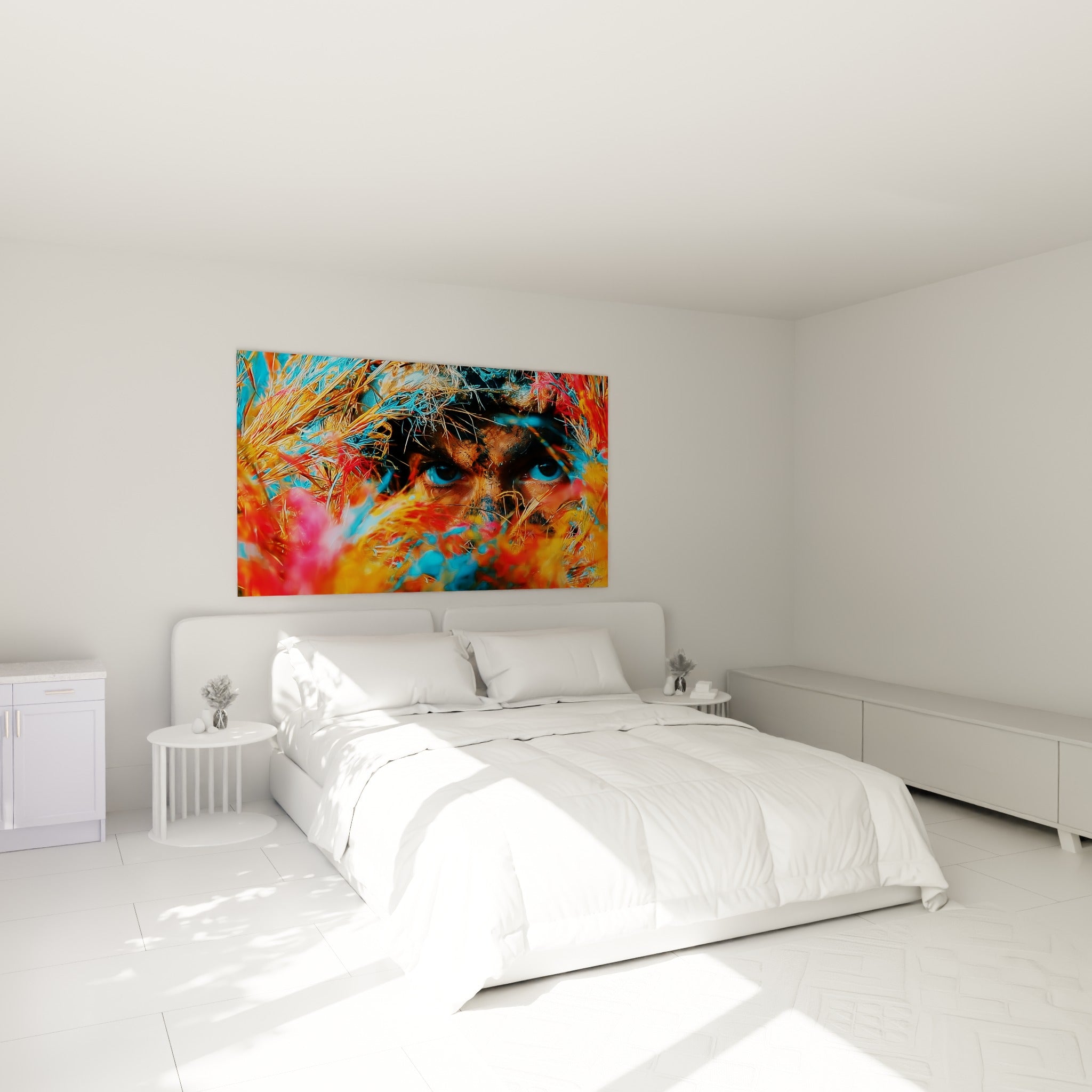 Yeux perçants militaires camouflés en orange et turquoise au-dessus d'un lit dans une chambre claire