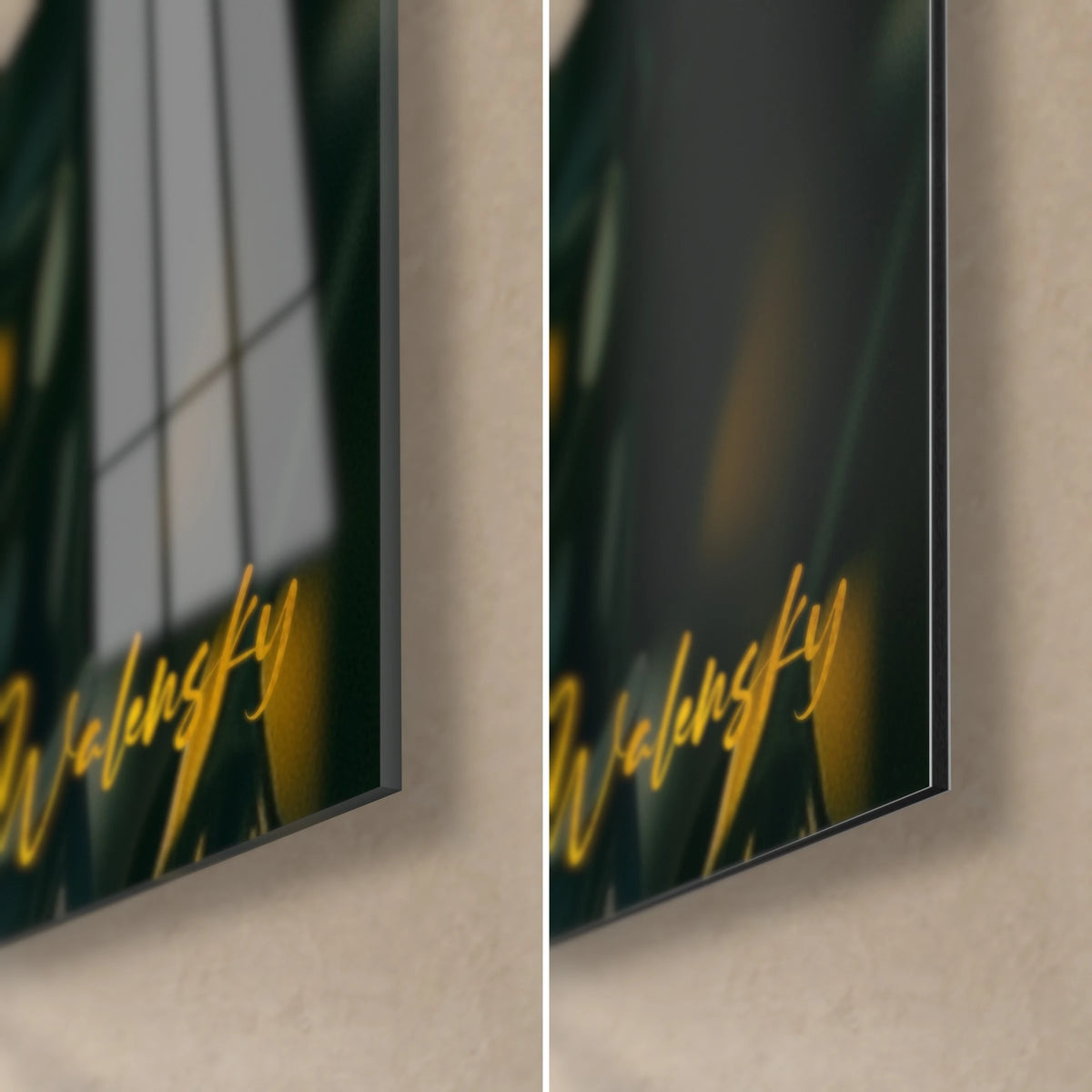 Wall art of mimosa flowers in yellow and forest green, bottom right corner: glossy acrylic glass on the left, matte Dibond aluminum on the right, 3 mm thick