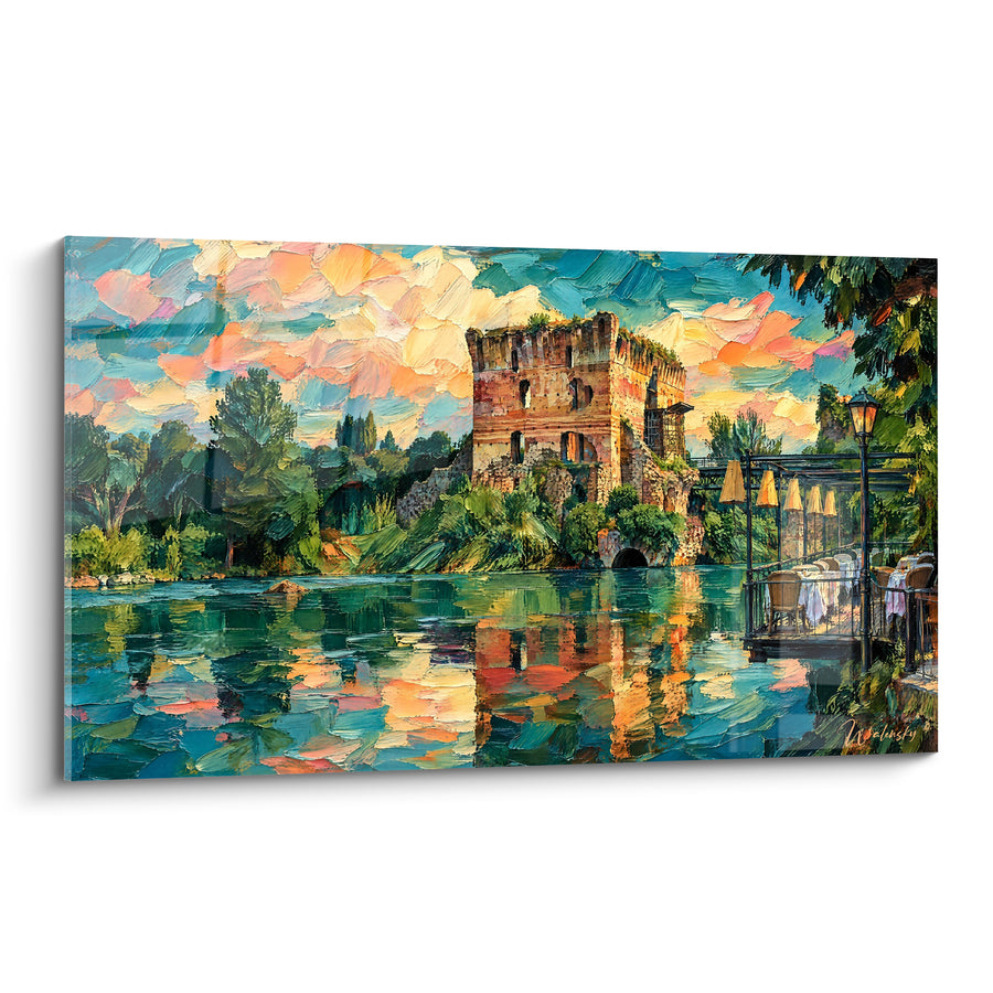 Tableau Tour médiévale ocre et ciel pastel - Soir sur l'eau - Edition Mincio Italie