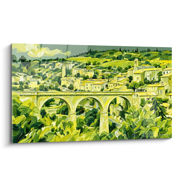 Schilderij Provençaans dorp okergroen brug - Zomer in de Provence - Editie Minerve Frankrijk