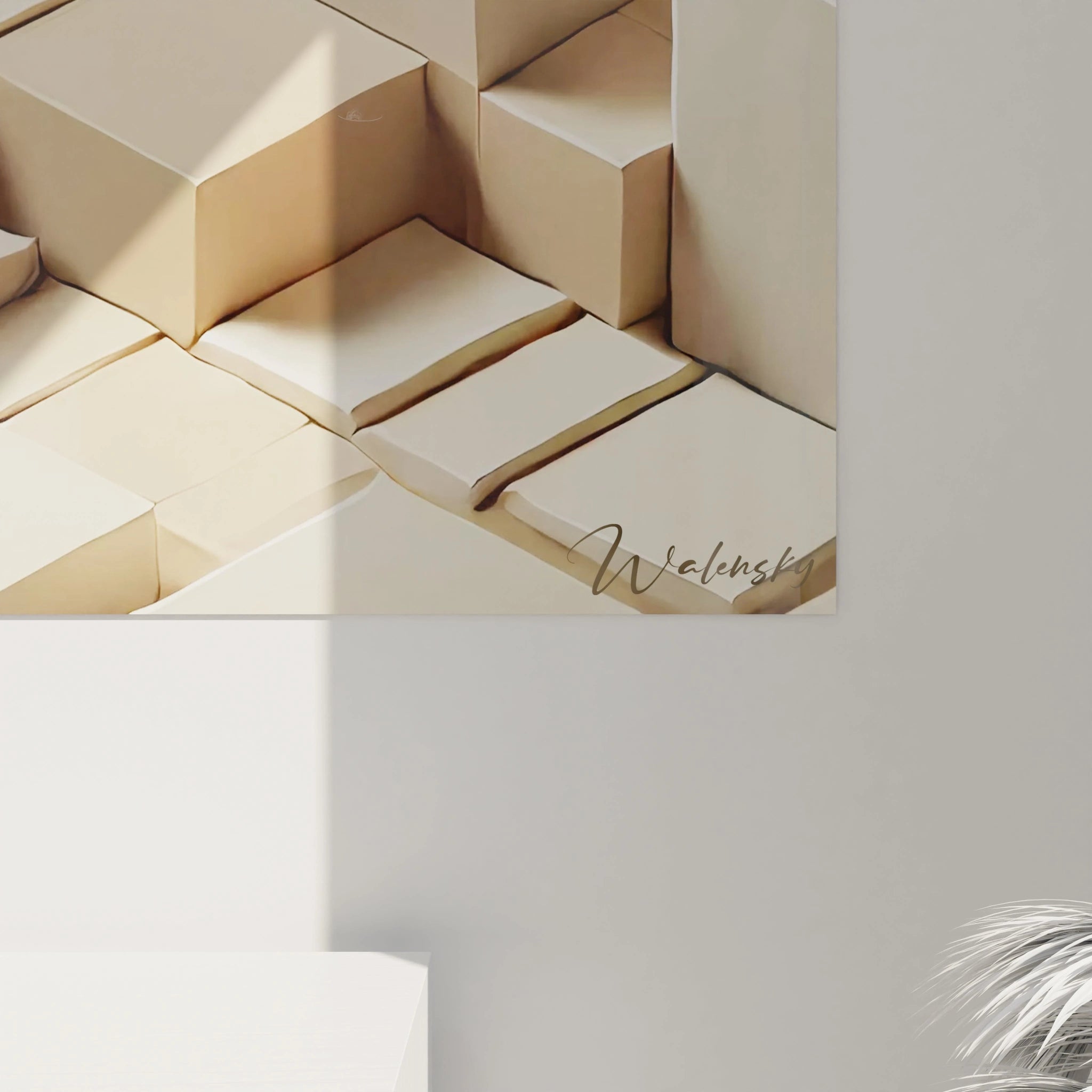 🔍 Gros plan du tableau "Minimalisme Sculpté". Les cubes rectangulaires en relief, dans des tons ivoire et beige, évoquent la simplicité et la profondeur du minimalisme géométrique. Art Minimaliste