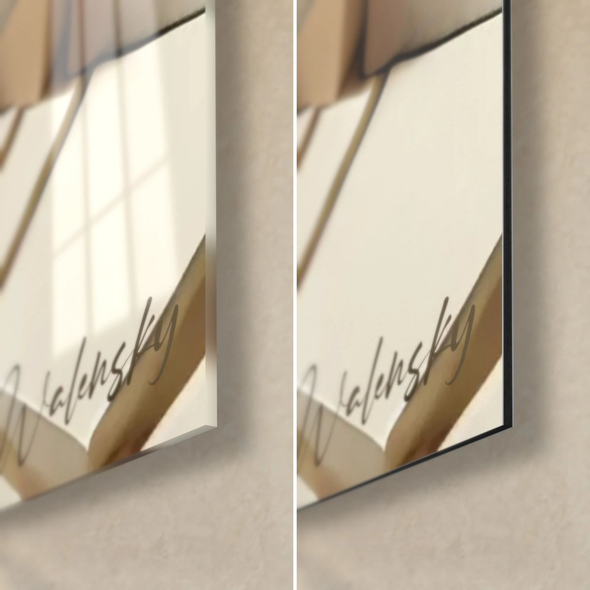 Gemälde abstrakte Würfel in Creme und Beige, untere rechte Ecke: glänzendes Acrylglas links, matres Alu-Dibond rechts, 3 mm Kante