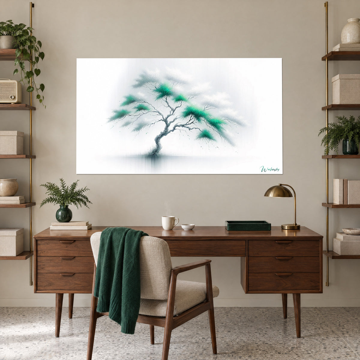 Schilderij zwevende boom in grijze en sparrengroene lavuur met grafische takken, boven een houten bureau met goudkleurig messing