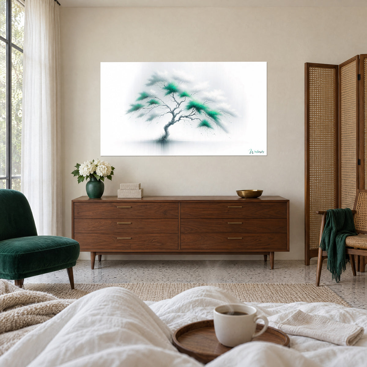 Schilderij silhouet van een scheve boom, turquoise bladeren en wazige witte wolken, boven een bed in een lichte slaapkamer