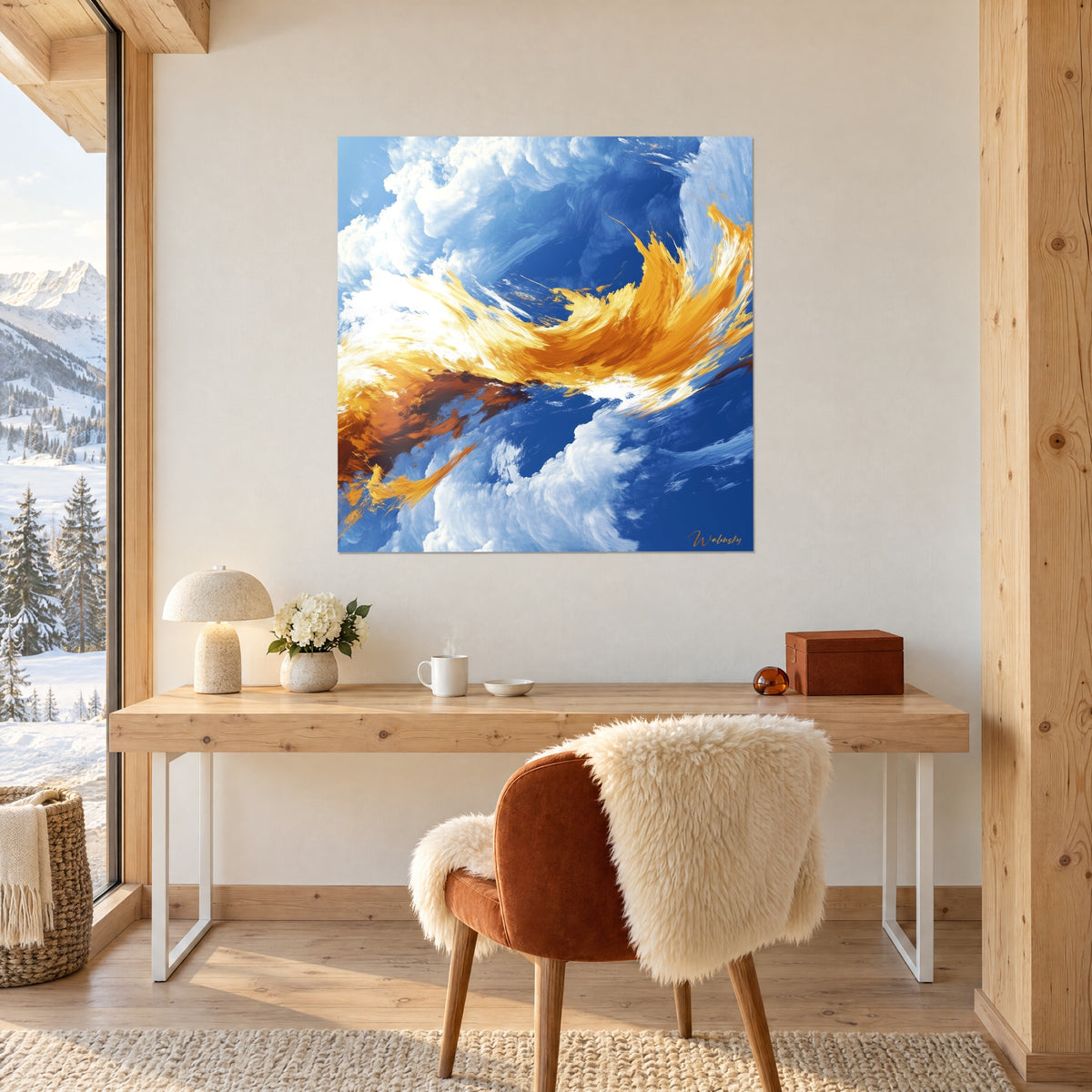 Tableau abstrait en traînées jaune safran et brun cuivré sur ciel bleu cobalt, accroché au-dessus d'un bureau en bois clair de chalet