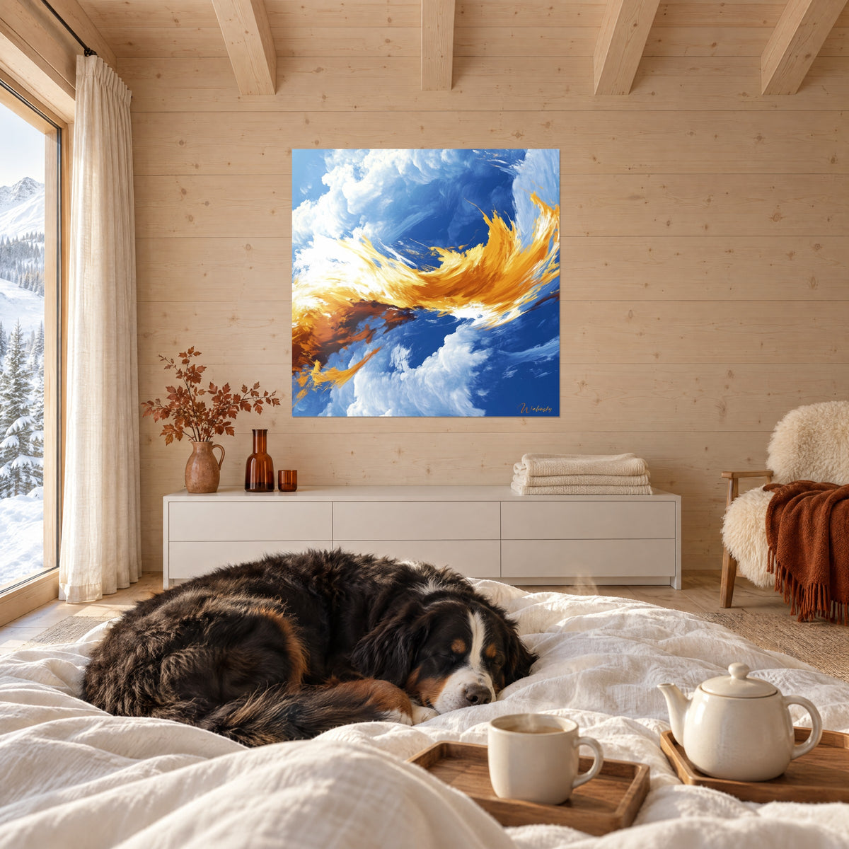 Tableau tempête d'or et de cumulus blancs sur fond bleu roi, personne de dos et chien noir endormi, au-dessus d'un lit dans une chambre claire