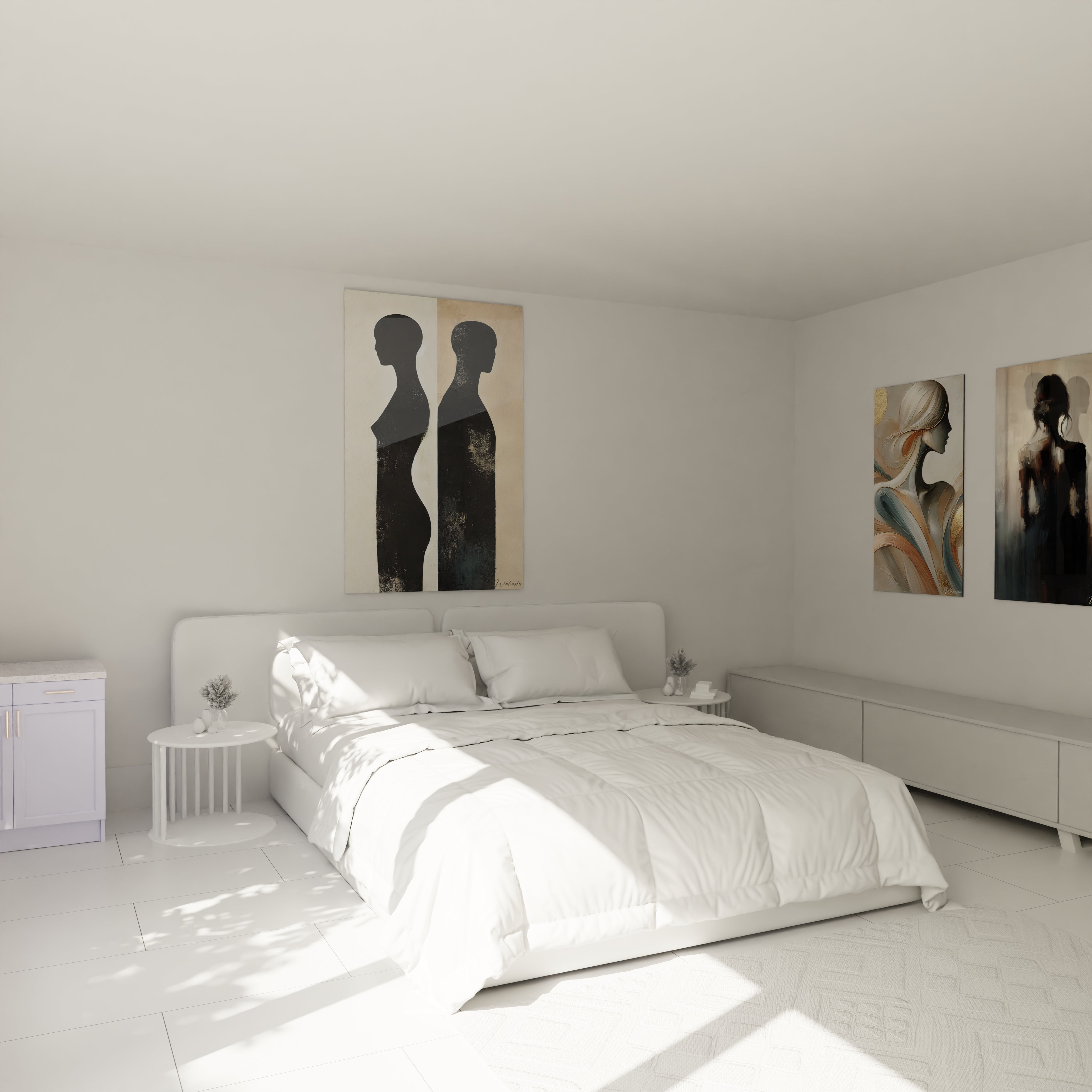 Tableau minimaliste abstrait avec deux silhouettes en contraste, idéal pour créer une ambiance moderne et apaisante dans une chambre."