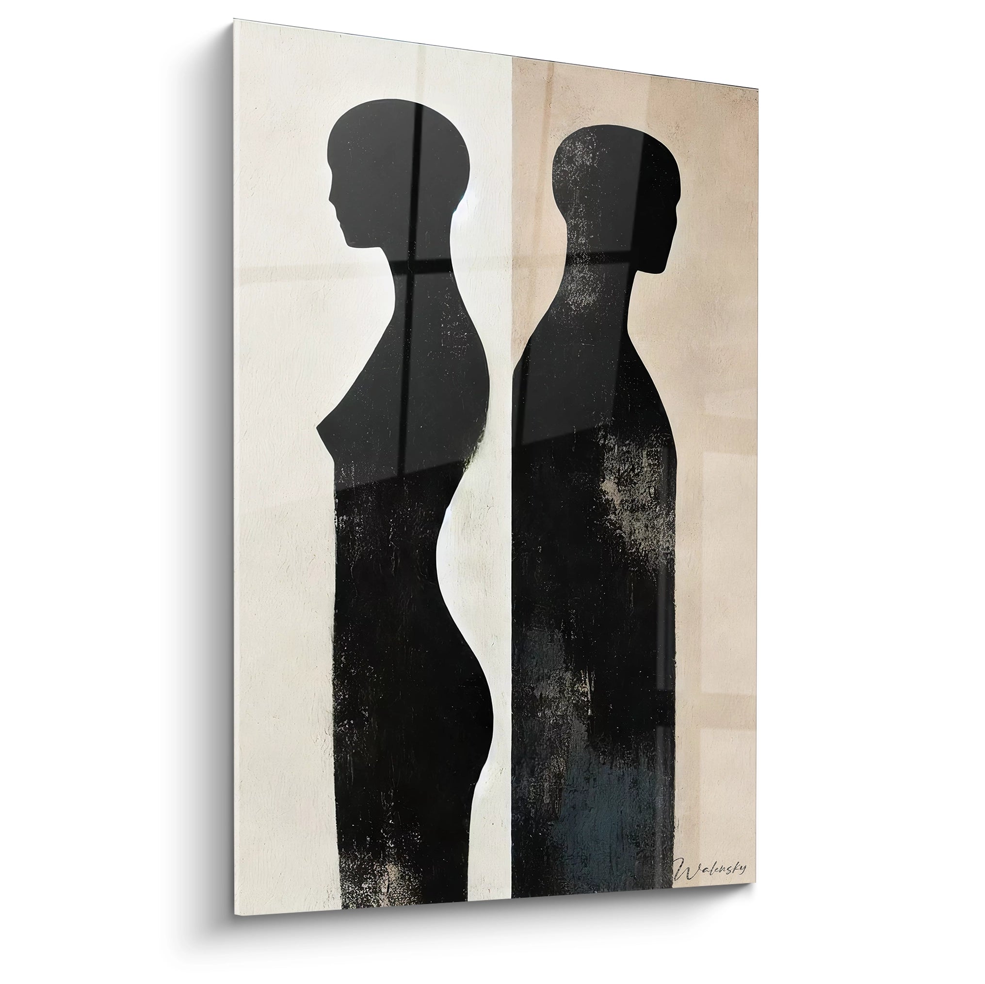 Tableau abstrait minimaliste représentant deux silhouettes humaines en contraste sur fond bicolore. Parfait pour une décoration contemporaine et épurée."