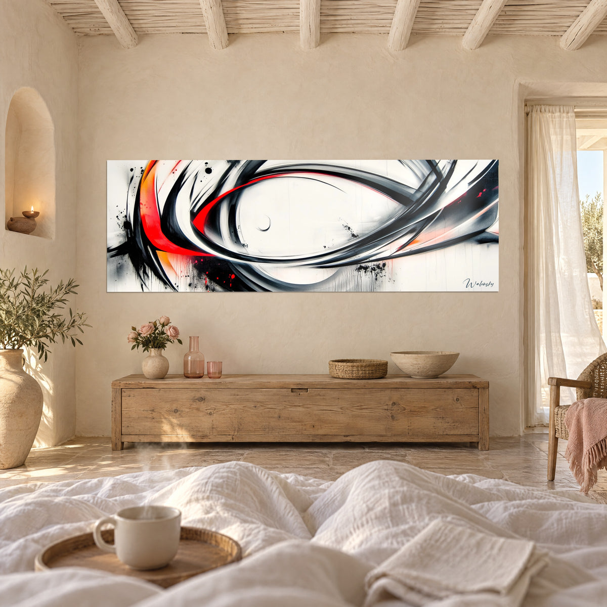 Tableau ellipse abstraite aux bandes noires et orange flamme sur fond crème, au-dessus d'un lit dans une chambre claire