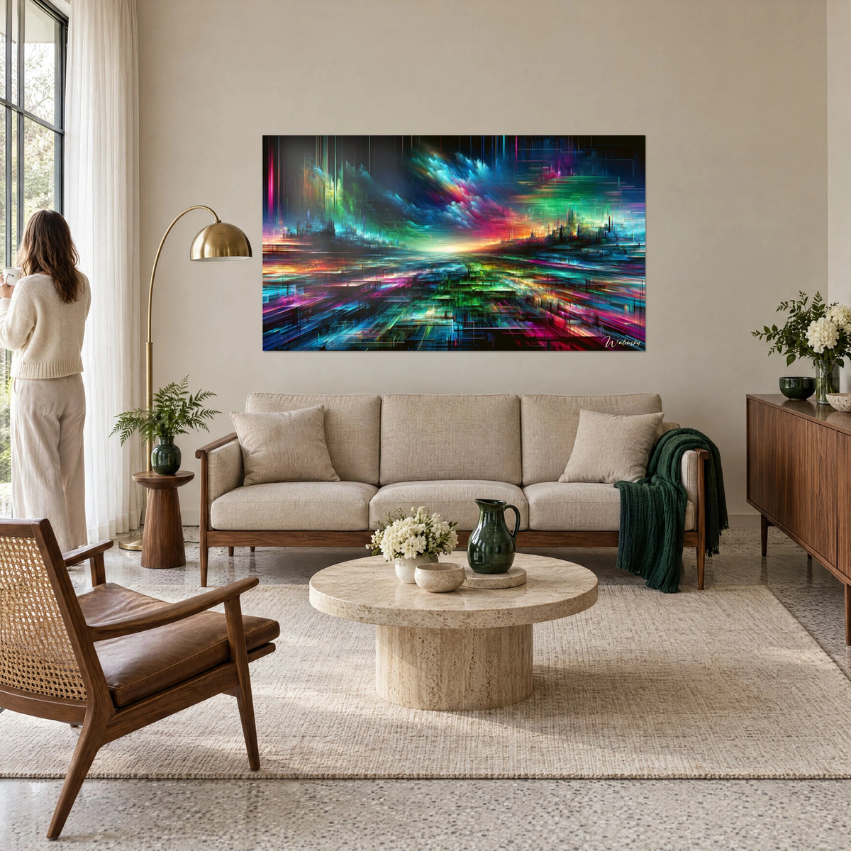 Schilderij van een futuristische stad met vloeiend neonlicht, nachtblauwe lucht en magenta sporen, vrouw van achteren, boven een bank in een lichte woonkamer
