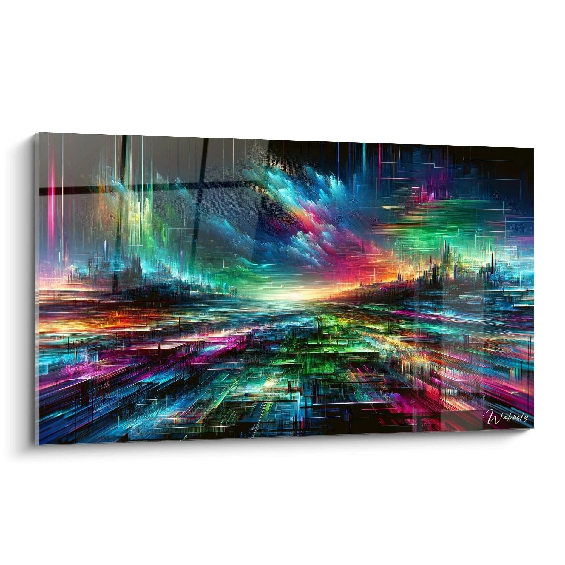 Tableau abstrait représentant un paysage urbain futuriste en perspective. Grille géométrique au premier plan avec lignes lumineuses multicolores convergeant vers l'horizon. Palette vibrante de bleu cyan, vert émeraude, rose fuchsia et orange doré sur fond noir. Composition avec point de fuite central et silhouettes de buildings stylisés sous un ciel nuageux aux teintes vives.
