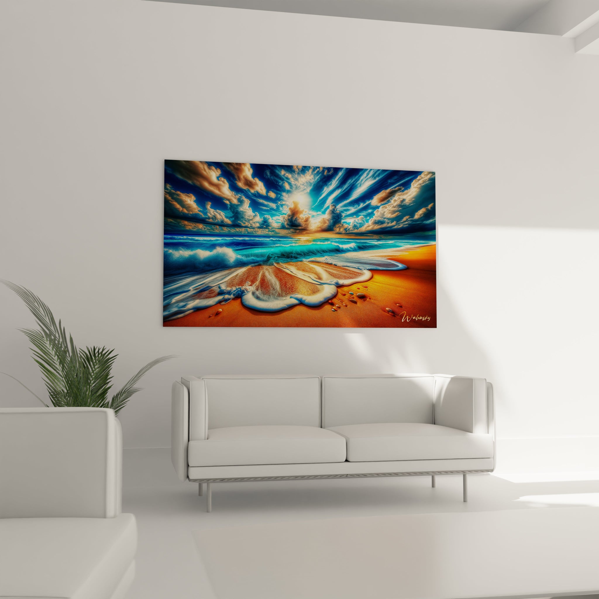 Un tableau paysage figurant une rencontre entre océan et terre. Des vagues cyan aux textures mousseuses s'étalent sur un sable orangé marqué d'empreintes et de petites pierres. La composition est dominée par un vaste ciel bleu où des nuages sculpturaux captent la lumière dorée du soleil.
