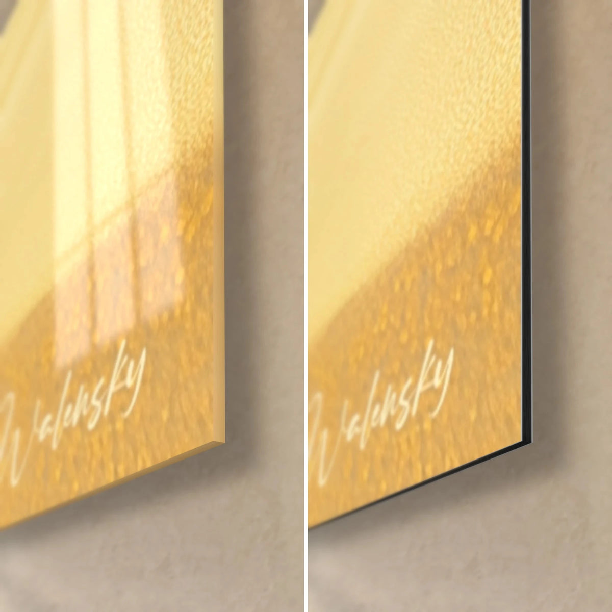 Tableau dunes dorées, coin bas droit : verre acrylique brillant à gauche, alu Dibond mat à droite, tranche noire de 3 mm