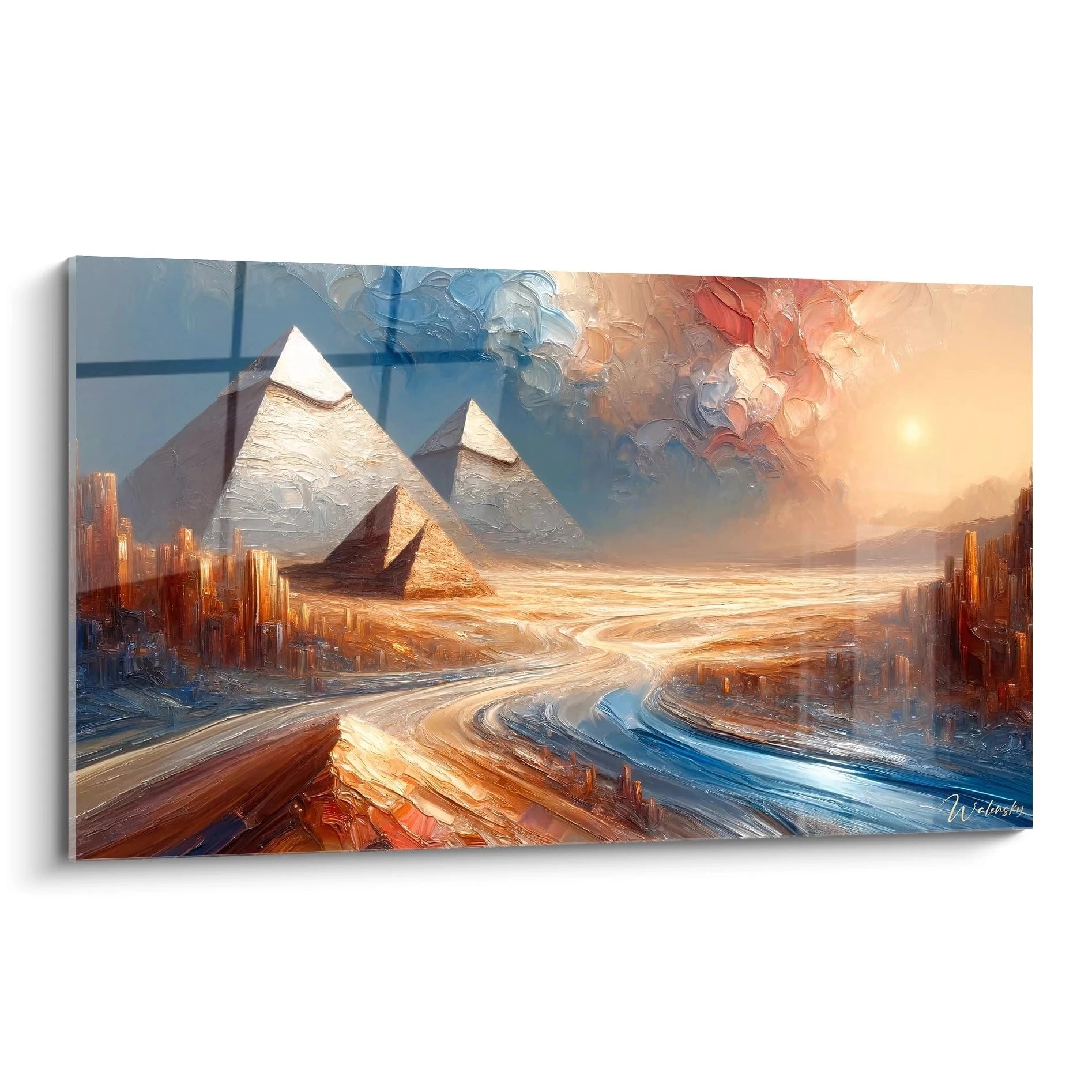 Un tableau abstrait de pyramides égyptiennes dans un paysage désertique. Dominé par des teintes ocre doré, bleu profond, blanc lumineux et terre de sienne. La texture présente d'épais empâtements créant des reliefs distincts pour les pyramides triangulaires, avec des coups de pinceau fluides formant des routes sinueuses convergentes.
