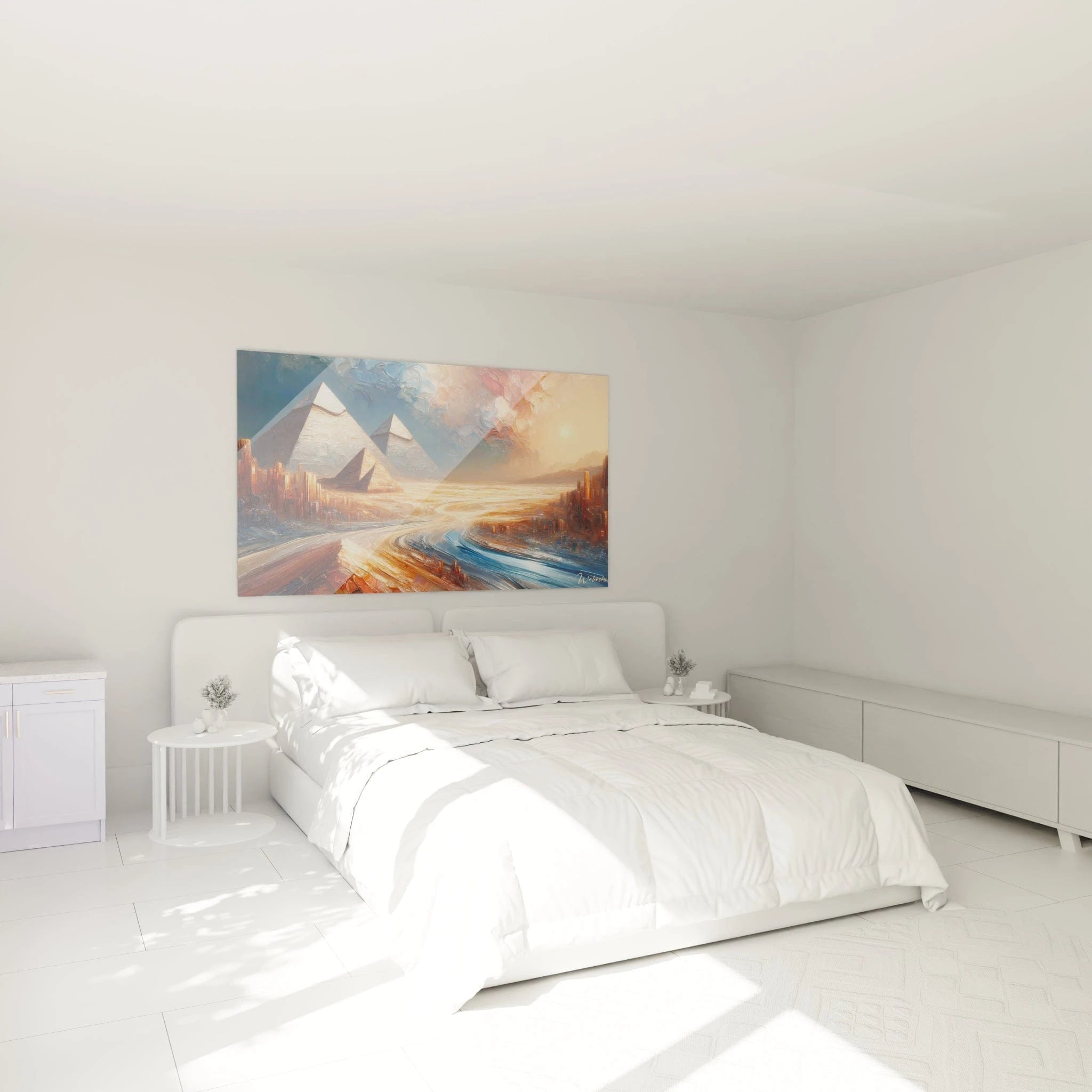 Un tableau abstrait de paysage pyramidal au coucher du soleil. La palette associe bleu cobalt, ocre ambré, blanc ivoire et orange cuivré. Les textures combinent applications épaisses de peinture pour les structures géométriques des pyramides et traits dynamiques pour les chemins convergents, sous un ciel aux nuages tourbillonnants et un soleil éclatant à l'horizon.
