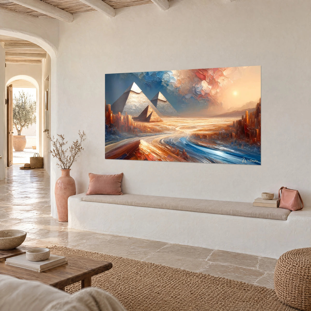 Wall art Egyptian mirage with grey pyramids, winding blue river and ochre sand, on the white wall of a Mediterranean house