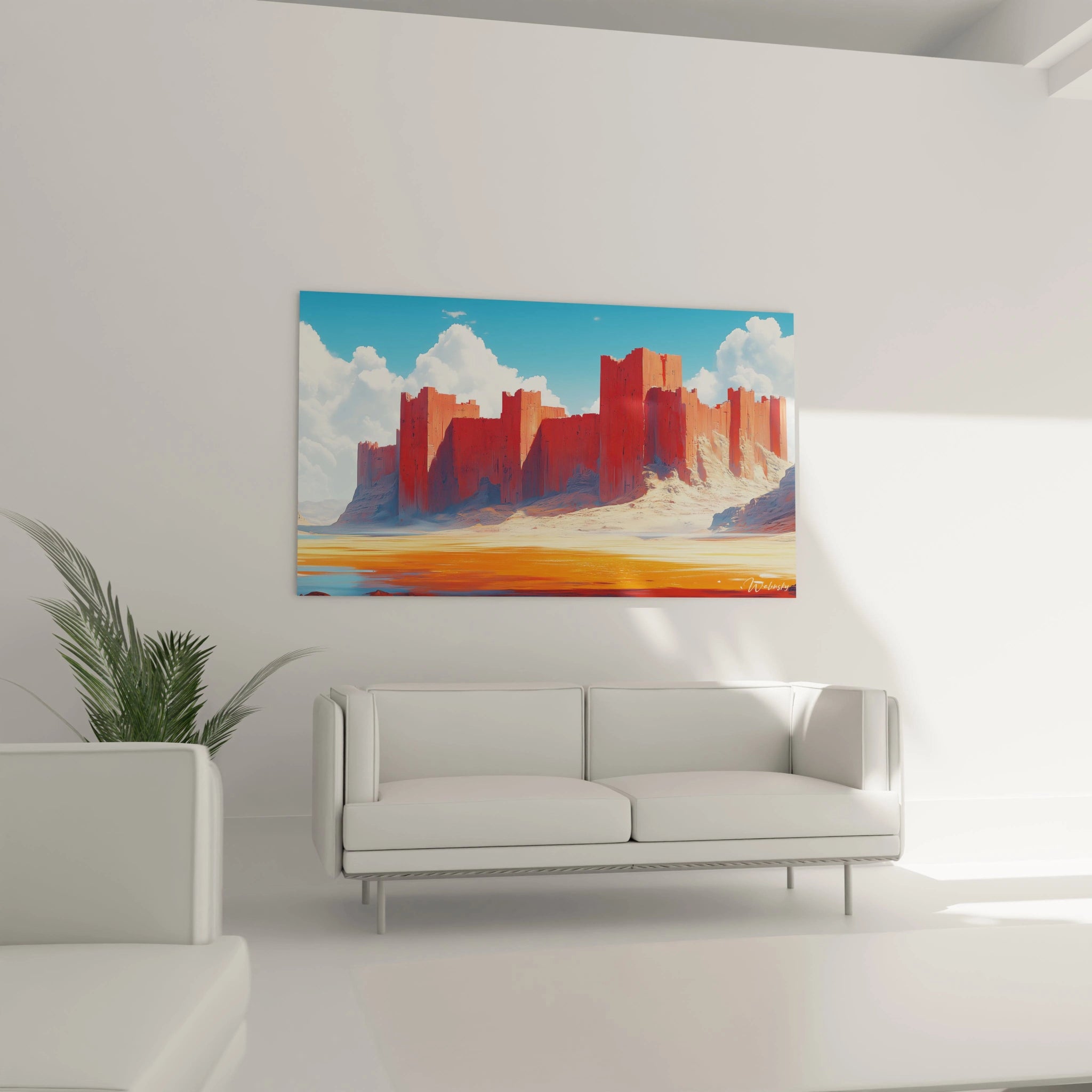 Un tableau désert où des falaises monumentales aux couleurs cuivrées et écarlates dominent une étendue sableuse dorée, avec un jeu de lumière intense sur les surfaces rocheuses texturées.
