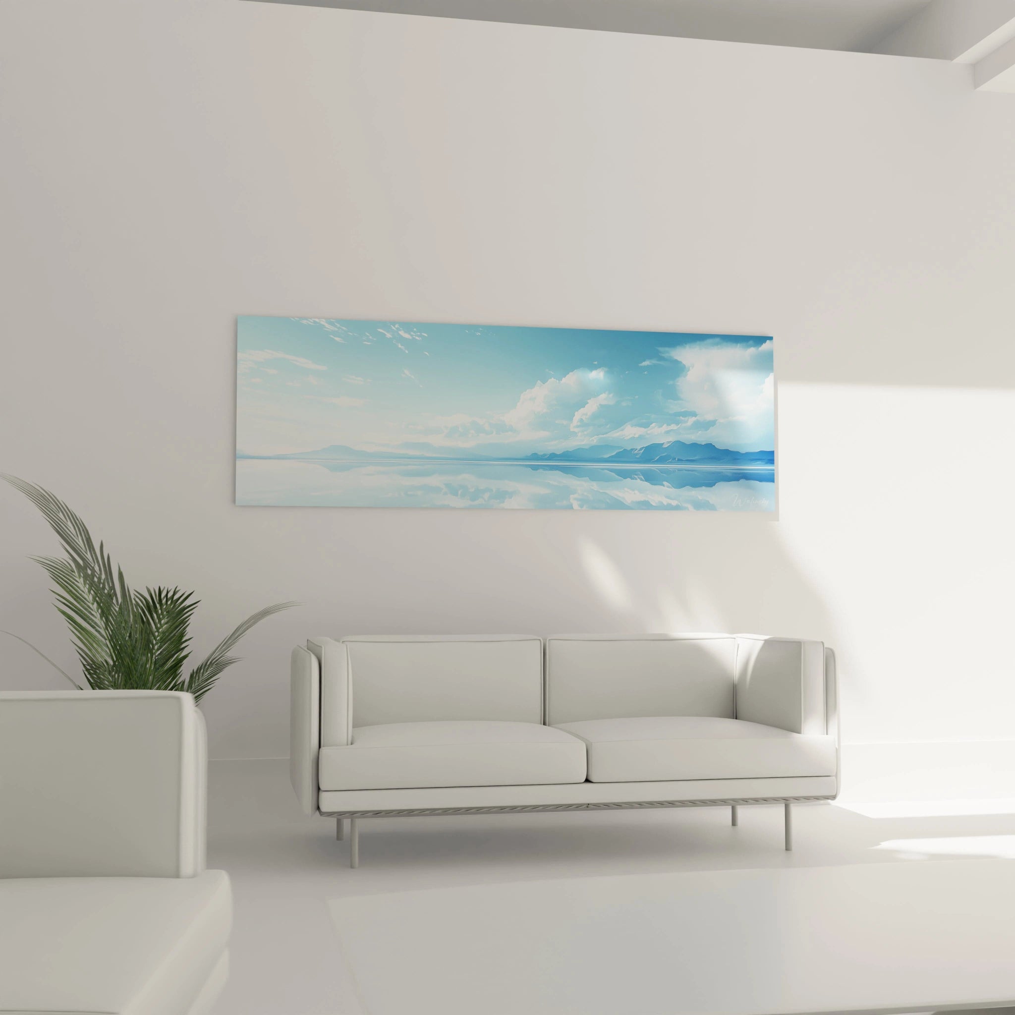 Un tableau montagne minimaliste où le ciel et l'eau se confondent dans des tonalités azurées. La ligne d'horizon au centre présente des silhouettes montagneuses bleutées. Des nuages légers flottent dans le ciel et se reflètent parfaitement dans le lac aux eaux calmes, créant une composition équilibrée et apaisante.
