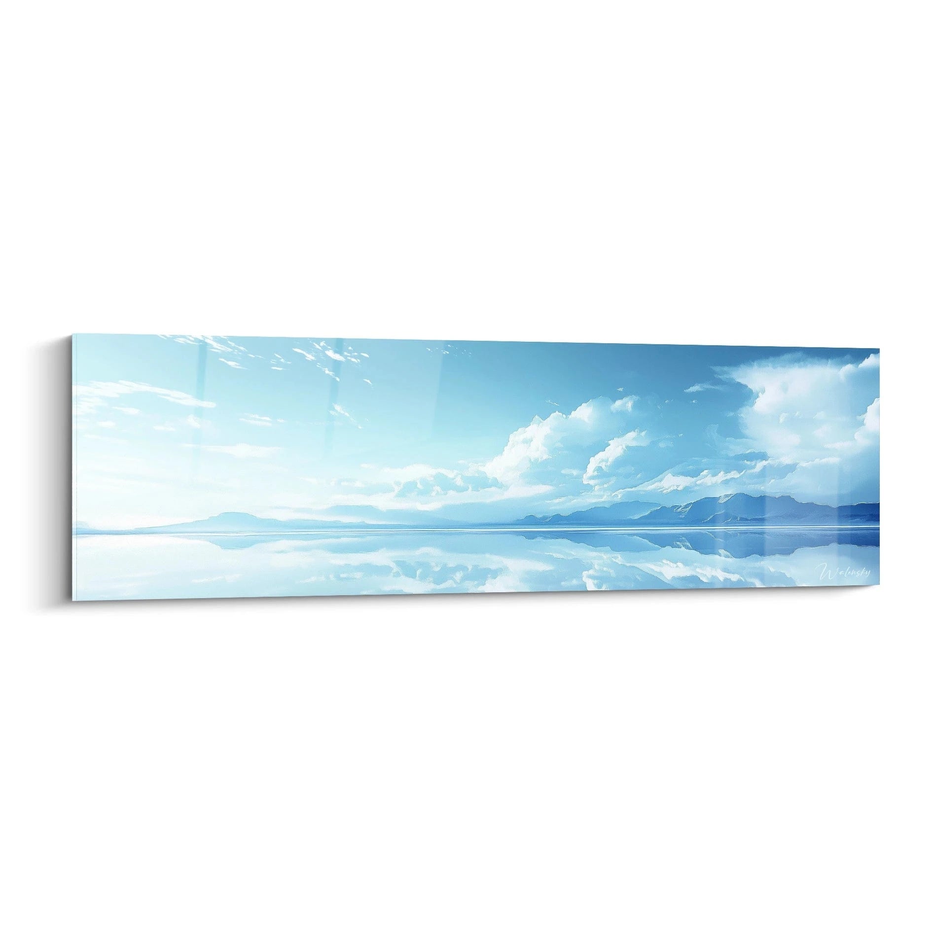 Un tableau montagne représentant un paysage alpin avec un lac aux eaux parfaitement lisses reflétant les montagnes et le ciel. Les teintes bleues dominent, du bleu ciel au bleu profond, avec des nuances blanches pour les nuages vaporeux qui se reflètent dans l'eau cristalline.
