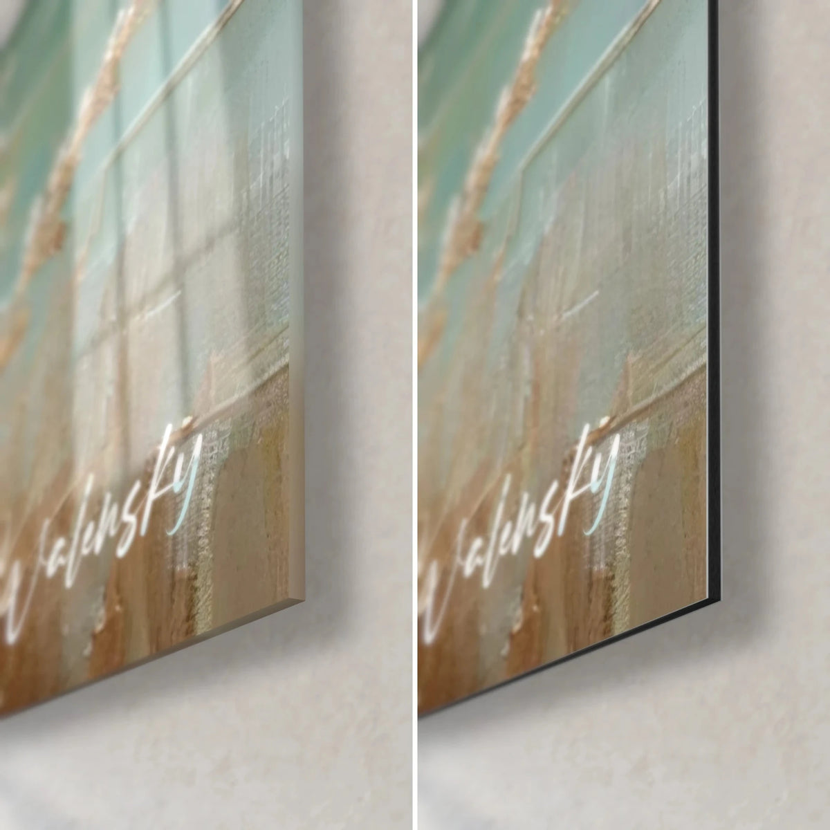 Schilderij jong hertje met fijne roodbruine poten, rechtsonder: glanzend acrylglas links, mat Dibond-aluminium rechts, rand van 3 mm