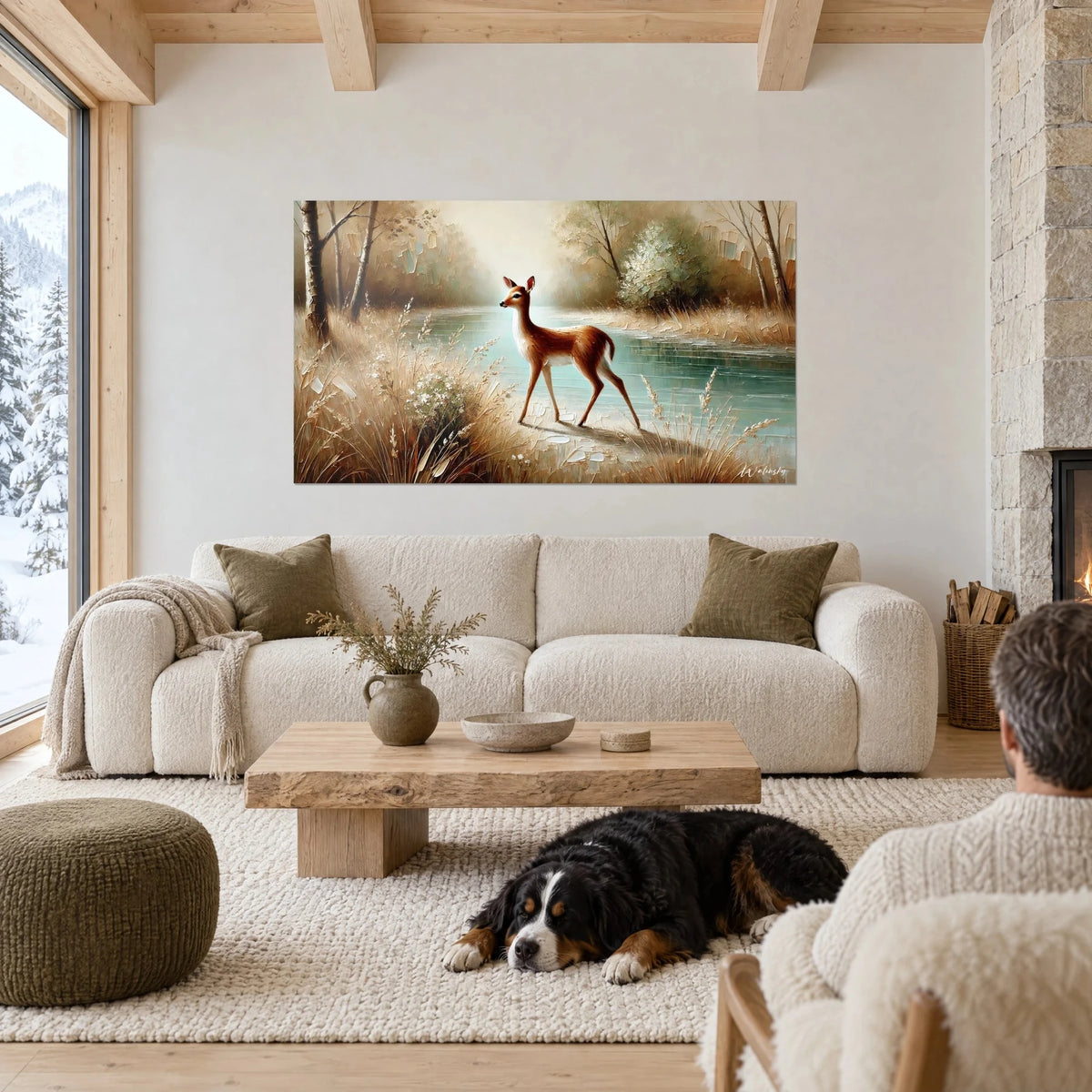 Schilderij hinde met roodbruine vacht naast een turquoise vijver, gouden grassen in reliëf, een hond slaapt boven een bank in een lichte woonkamer