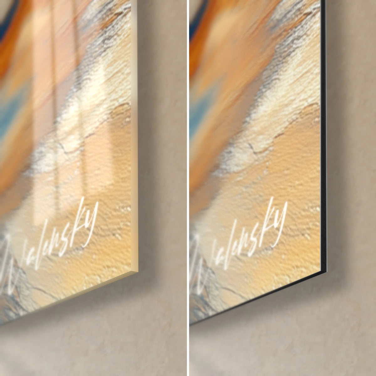Schilderij warmwaterbron, rechtsonder: glanzend acrylglas links, mat oker en crème Dibond rechts, 3 mm dikte
