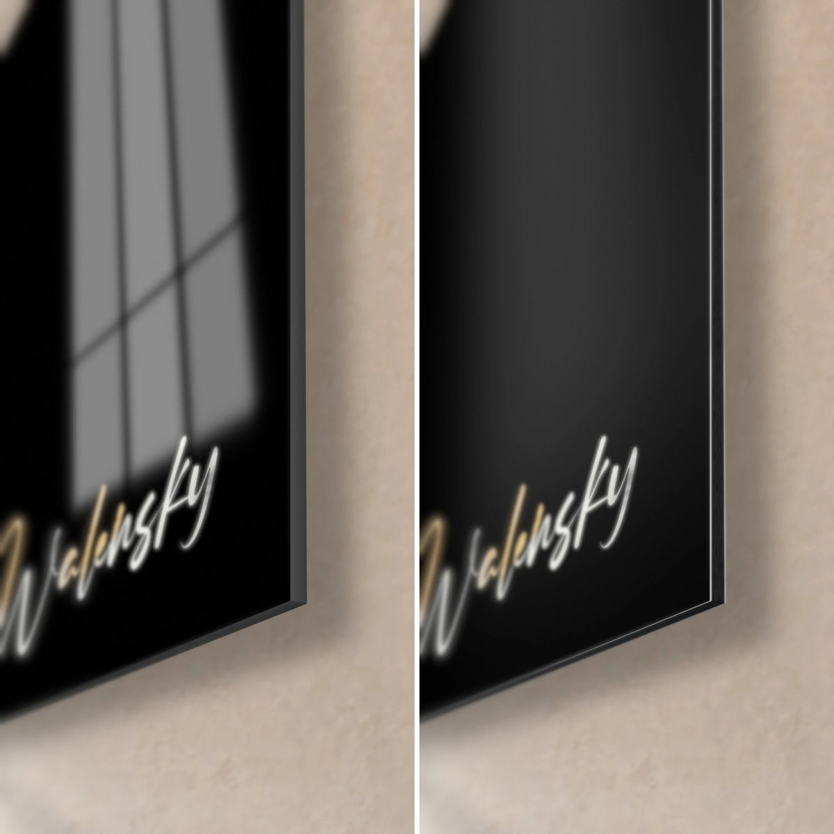 Schilderij zwaan in zwarte en gouden weerspiegeling, rechtsonder: glanzend acrylglas links, mat geborsteld Dibond-aluminium rechts, 3 mm dik