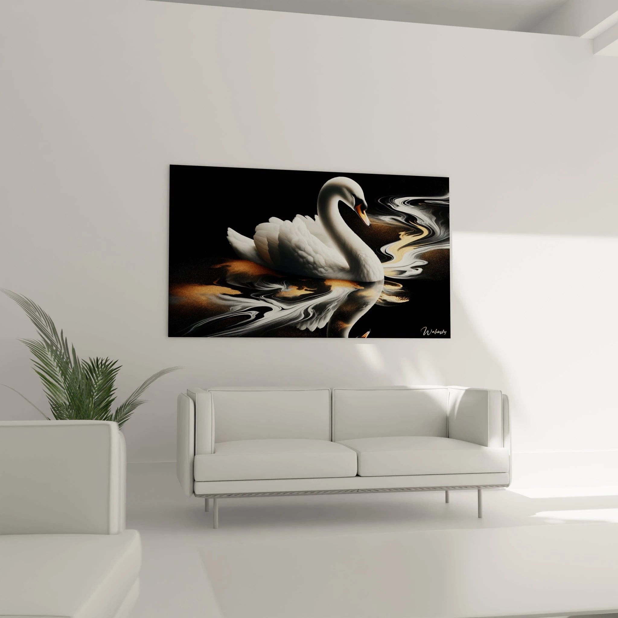 Un tableau d'animal montrant un cygne blanc sur une surface liquide aux remous marbré. La texture lisse du plumage blanc nacré se reflète dans les motifs fluides noir et or qui l'entourent. Le bec orange de l'oiseau ajoute une touche de couleur vive dans cette composition dominée par le contraste entre le blanc pur et les volutes sombres et dorées.
