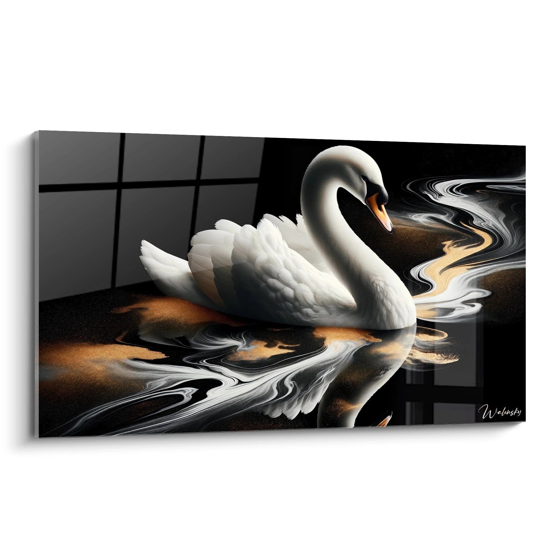 Un tableau d'animal représentant un cygne blanc flottant sur une surface liquide aux motifs marbrés noir, blanc et or. La texture détaillée du plumage immaculé contraste avec les volutes fluides de l'eau stylisée. Le bec orange du cygne et son corps élégant se détachent sur le fond noir, tandis que des reflets dorés illuminent les remous abstraits.
