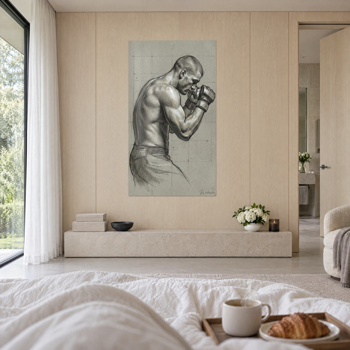 Quadro di un guerriero moderno in guardia, guanti fasciati, disegno in bianco e nero esaltato dall'oro su fondo grigio beige, sopra un letto in una camera luminosa