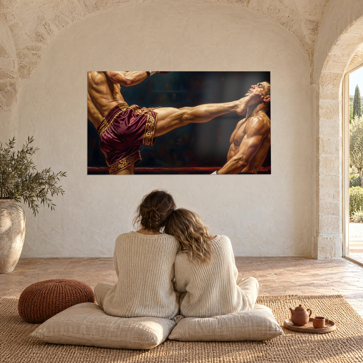 Πίνακας εντυπωσιακού high kick σε σκούρο ρινγκ, χρυσό μπορντό σορτς και κόκκινο σχοινί, μπροστά αγκαλιασμένο ζευγάρι, προβηγκιανό αγροτικό σπίτι