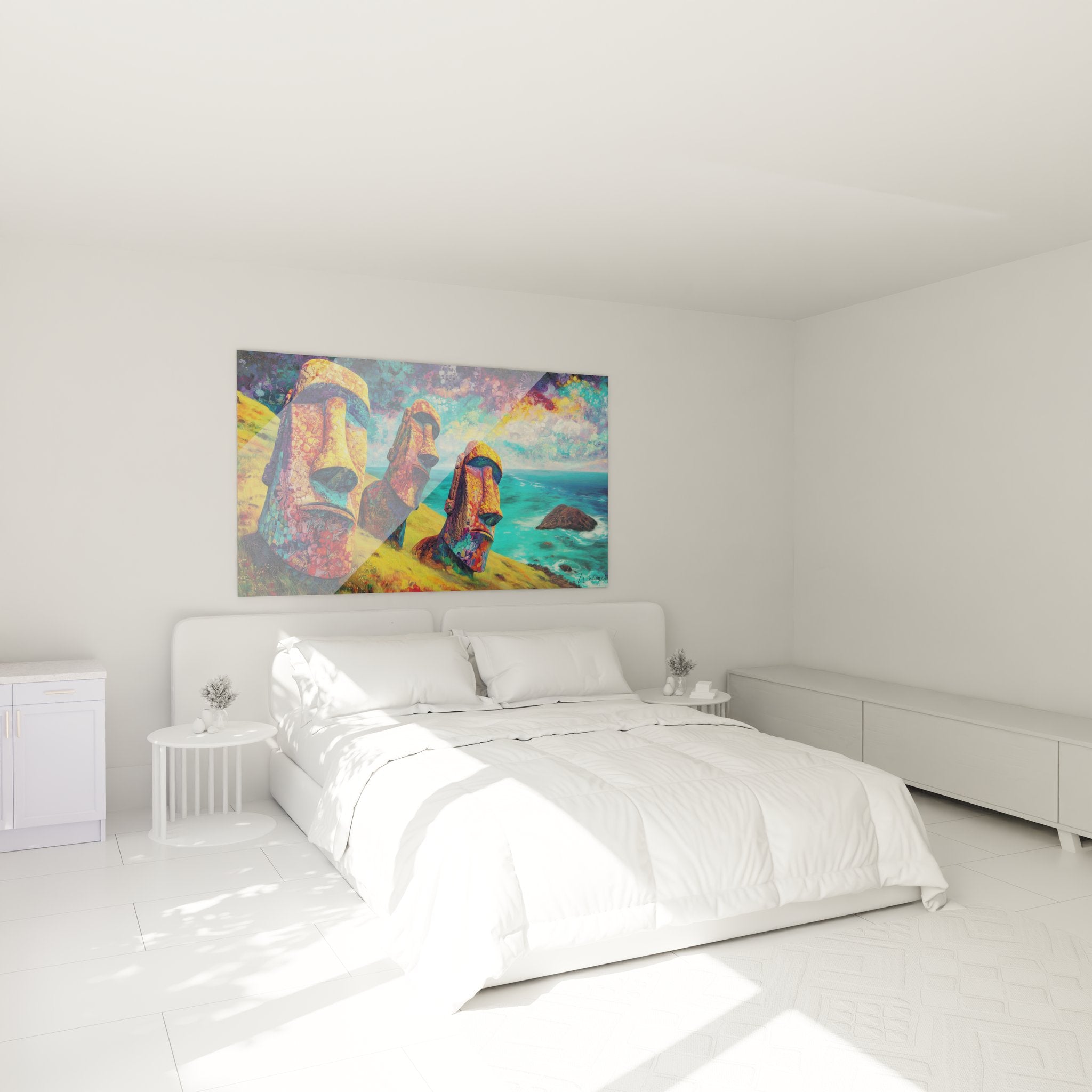 Tableau Moaï polynésien dans chambre moderne - Décoration murale art des îles du Pacifique