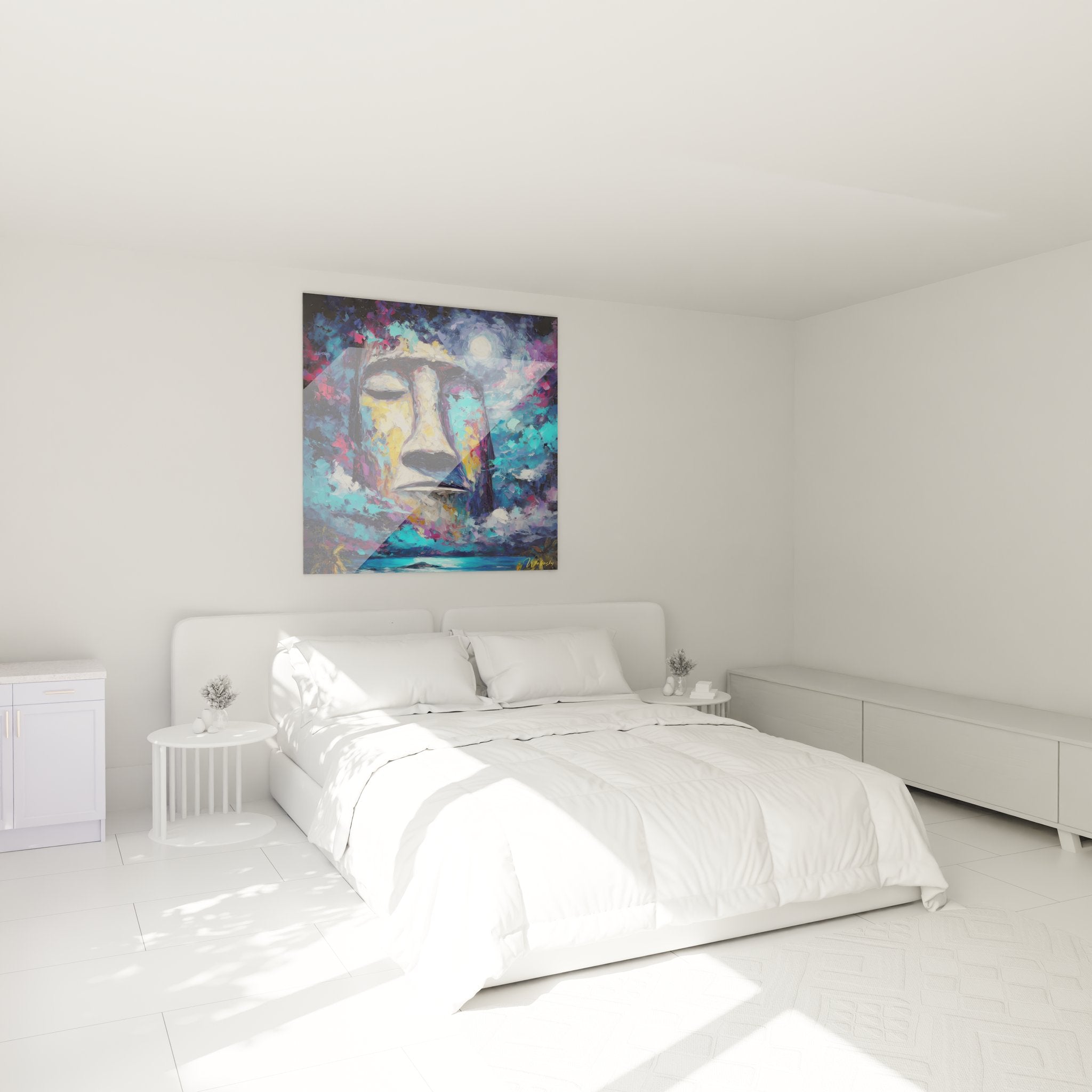 Décoration chambre avec tableau Moaï polynésien coloré style expressionniste moderne