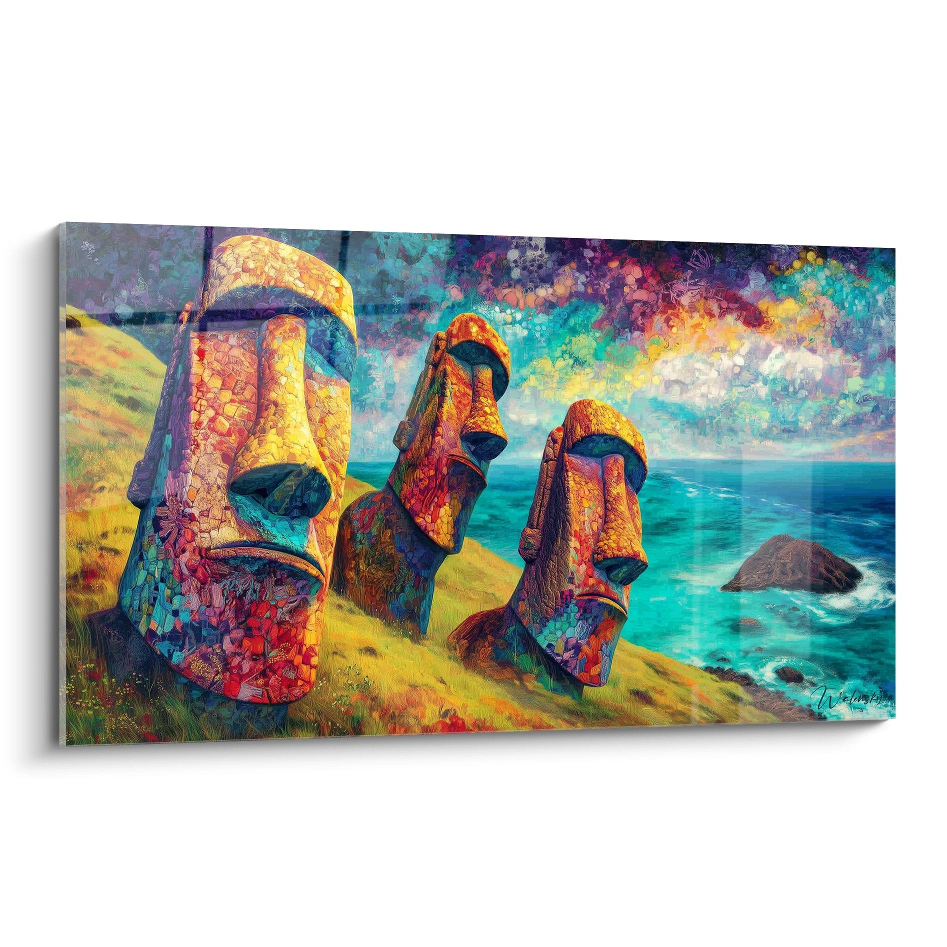 Tableau mural coloré des Moaï de l'Île de Pâques avec océan turquoise - Art polynésien moderne