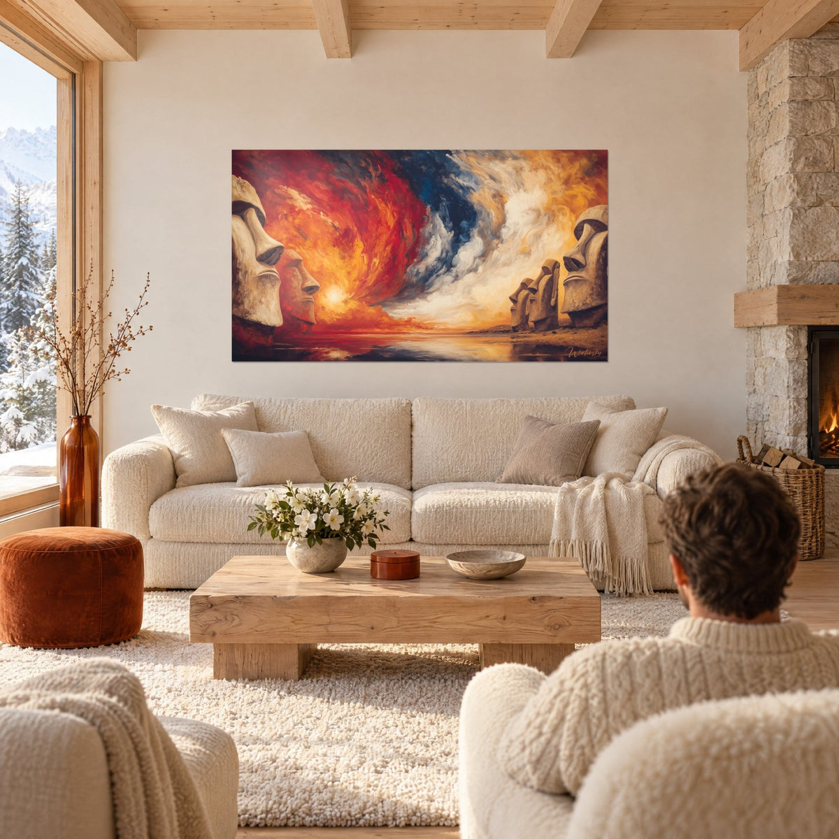 Wall art of stone moai facing a blazing red sky and ivory clouds, above a sofa in a bright living room