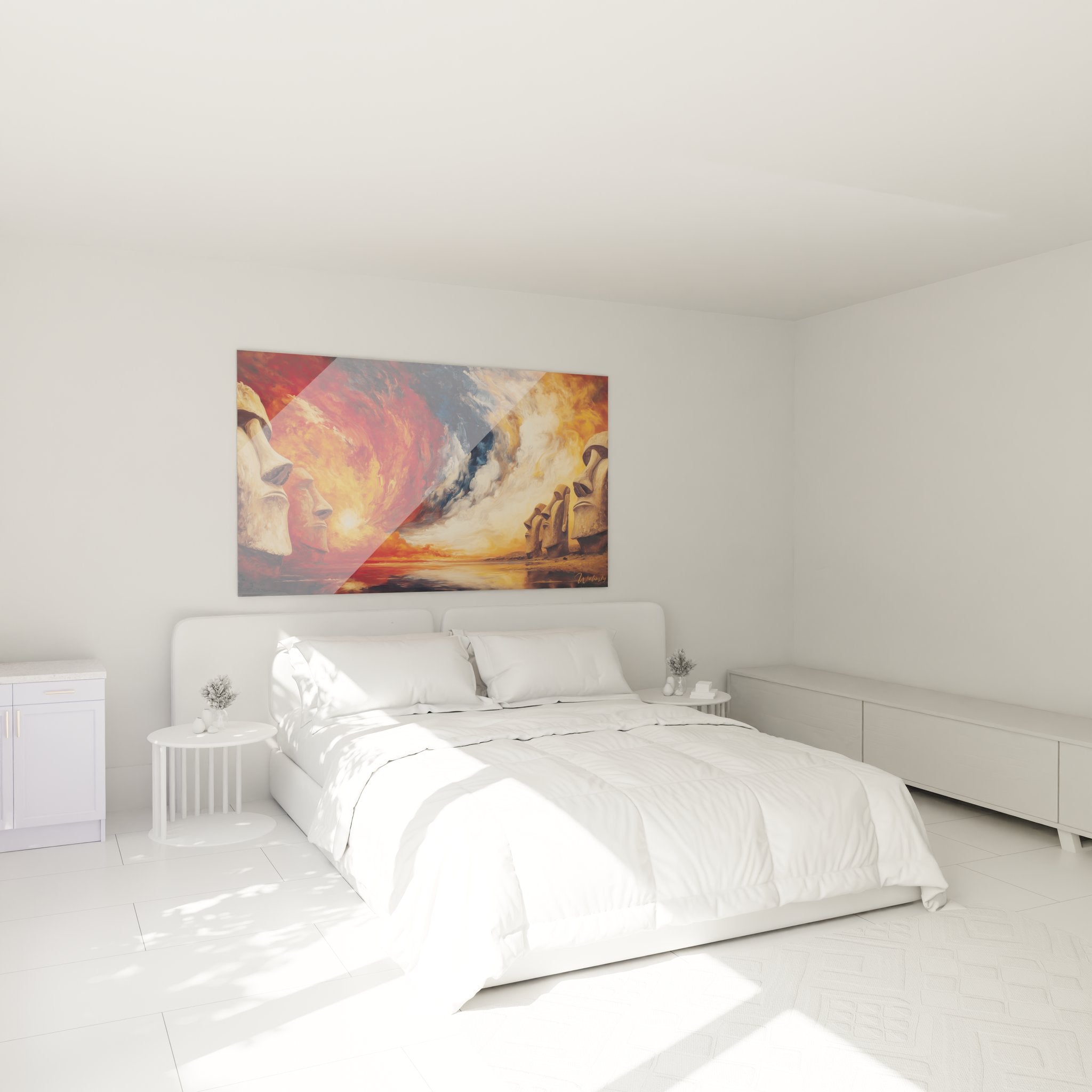 Ambiance chambre avec tableau Moaï Rapa Nui décoration murale exotique polynésienne