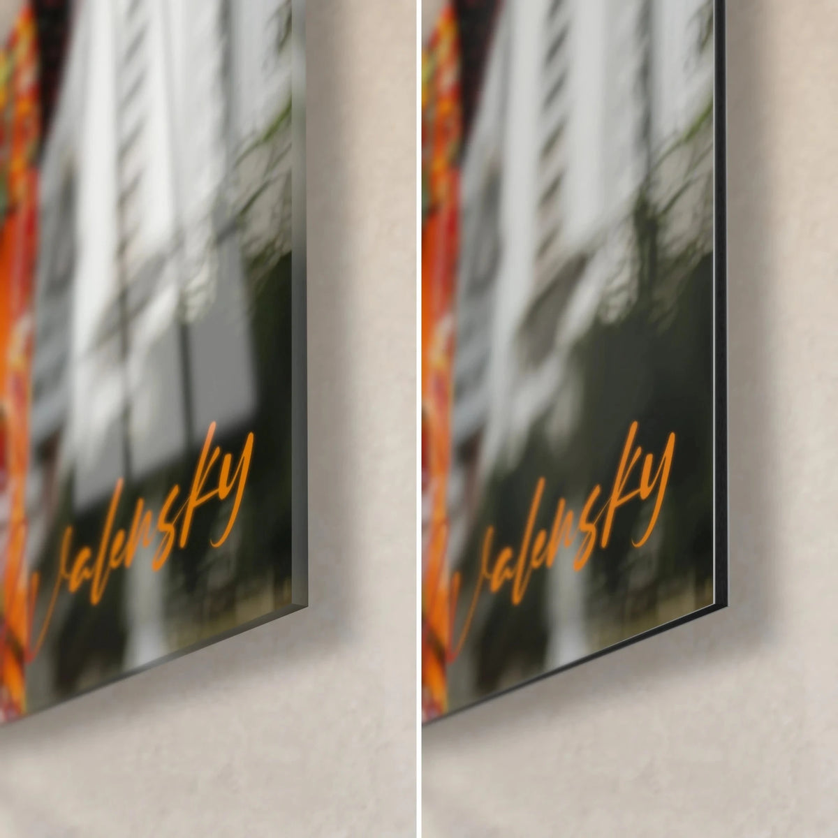 Wall art streetwear portrait, lower right corner: glossy acrylic glass with reflections on the left, matt black Dibond on the right, 3 mm edge