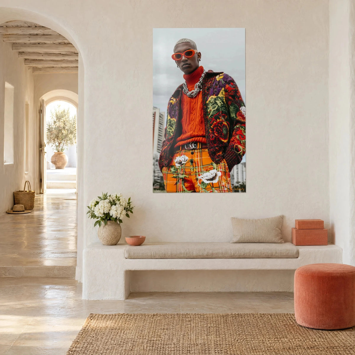 Wall art dandy in a red-orange cable-knit sweater, tartan trousers with white peonies, grey sky, in a cream-white vaulted hallway