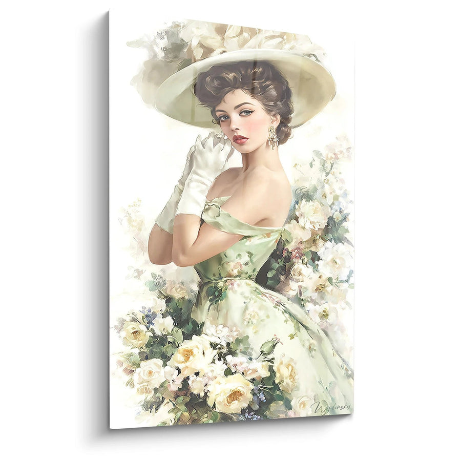 Wandschildering Oude Mode - Charme met Pioenrozen - vintage mode-editie