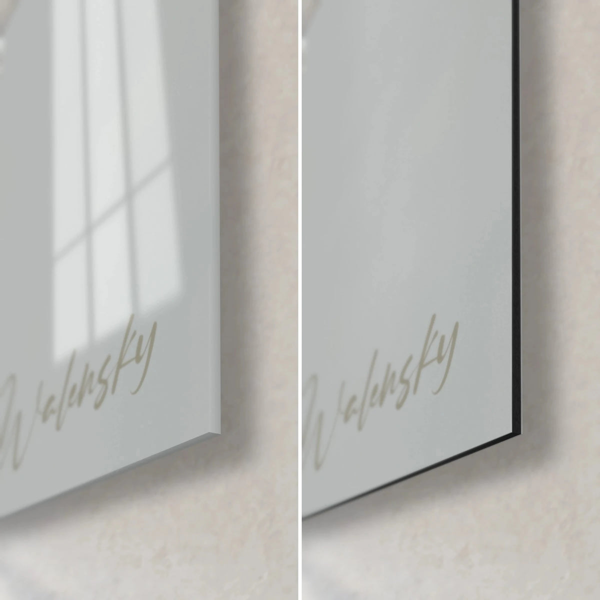 Gemälde Schaufensterpuppe mit weißer Brille, untere rechte Ecke: glänzendes Acrylglas mit Reflexen, mattschwarzes Alu-Dibond, 3 mm Kante
