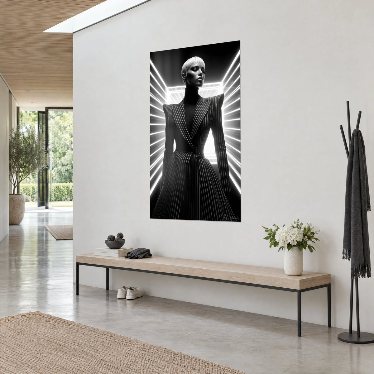 Quadro silhouette femminile dalle spalle squadrate, blazer a righe nere e avorio, fasci di luce bianca, su una parete chiara d'ingresso