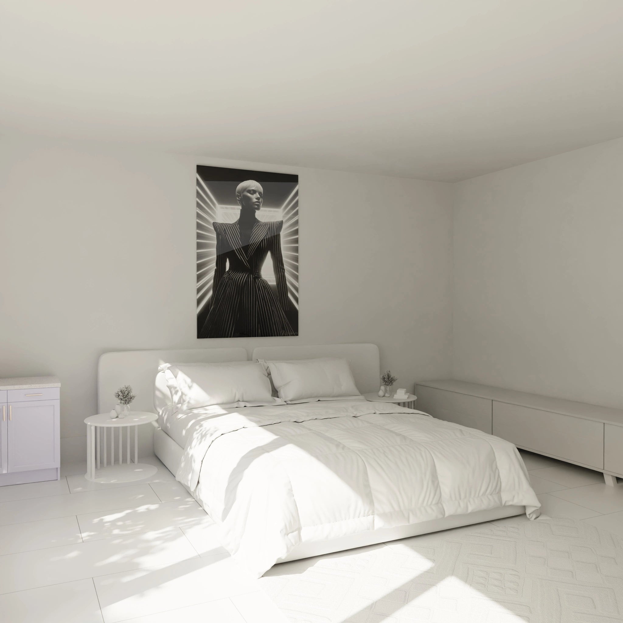 Tableau mural mode avant-garde noir et blanc de Walensky affiché au-dessus d'un lit dans une chambre moderne