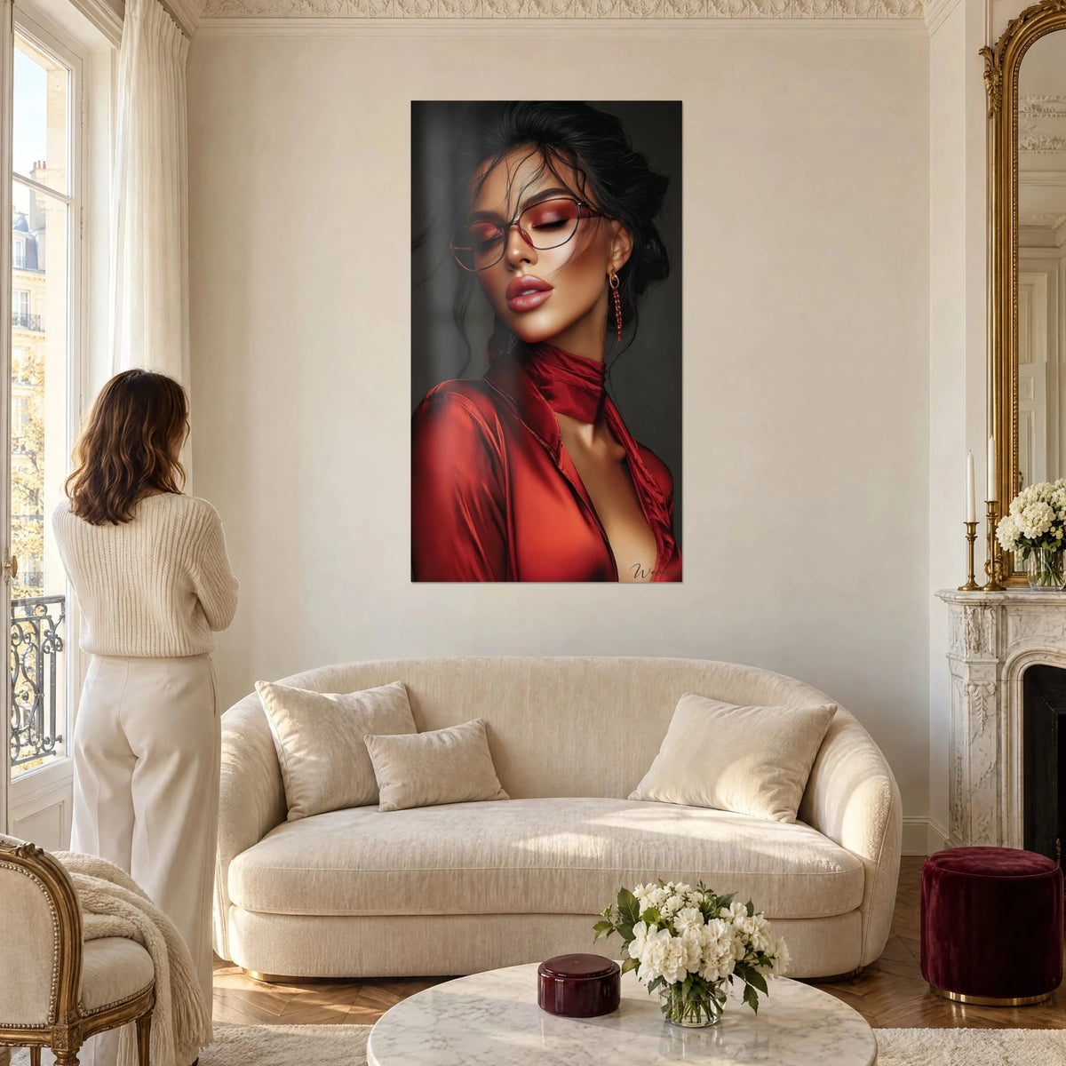 Gemälde Glamour-Porträt einer Brünetten in roter Satinbluse und rosa getönter Brille, eine Frau von hinten, über einem Sofa in einem hellen Wohnzimmer