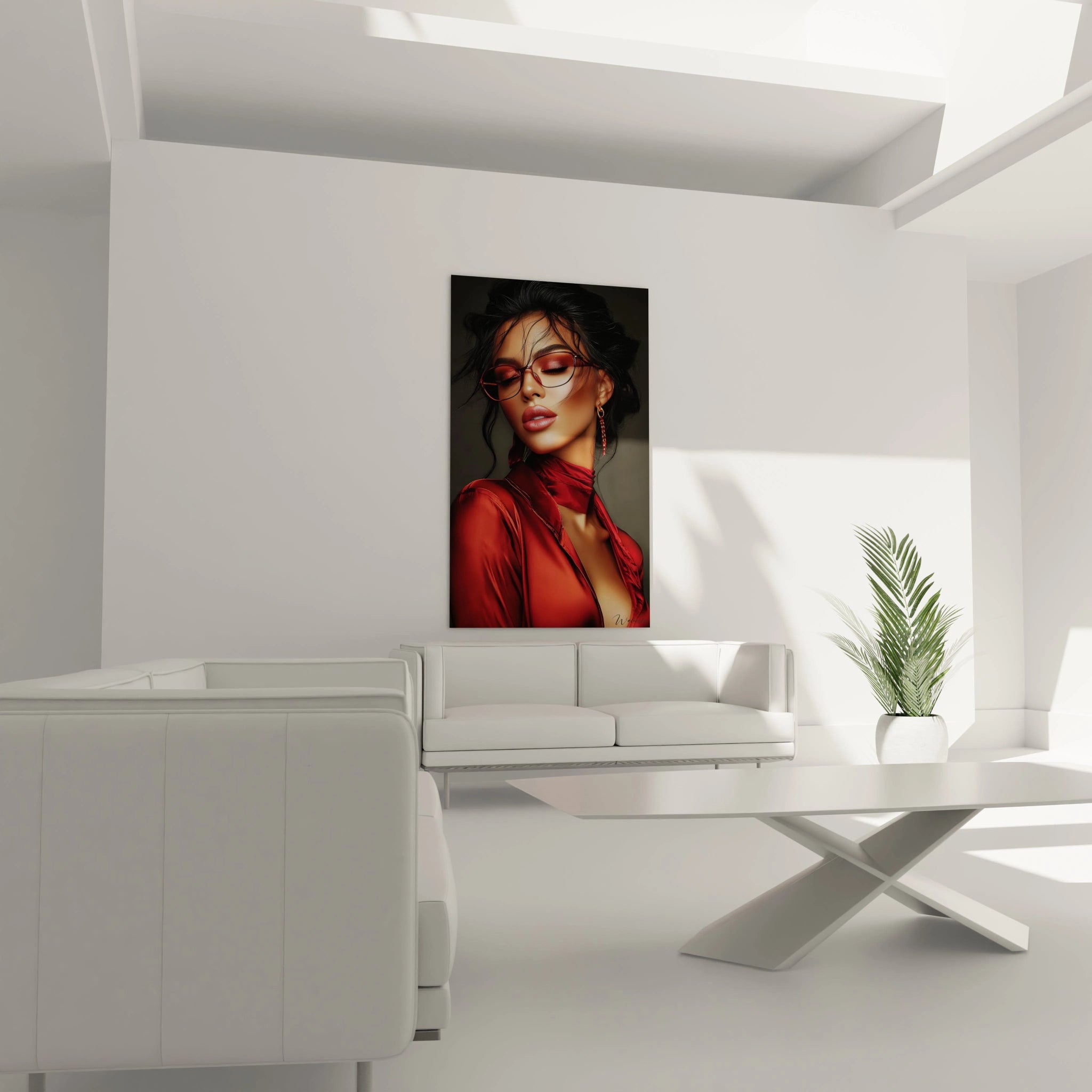 Tableau mode contemporaine de Walensky représentant une femme en rouge dans un salon moderne