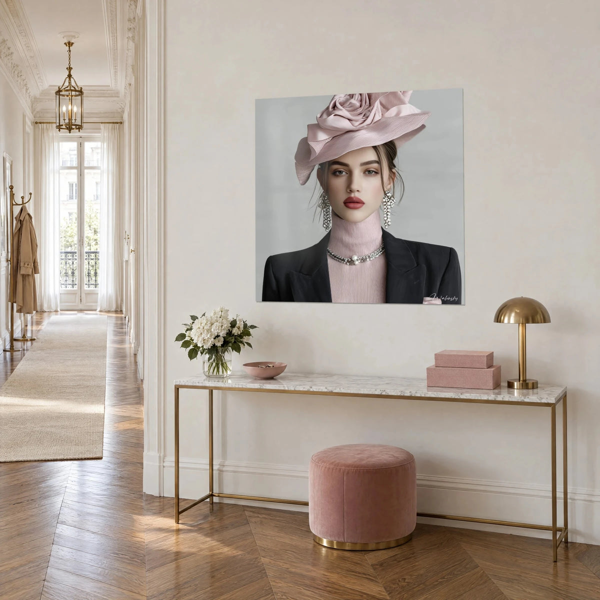 Wall art elegant young woman, pale pink turtleneck and rhinestone earrings on a grey background, gilded console, three-quarter view