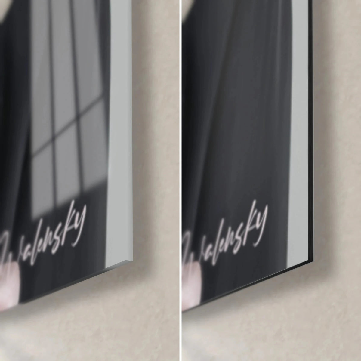 Wall art model in a pink hat, bottom right corner: glossy acrylic glass on the left, matte black Dibond on the right